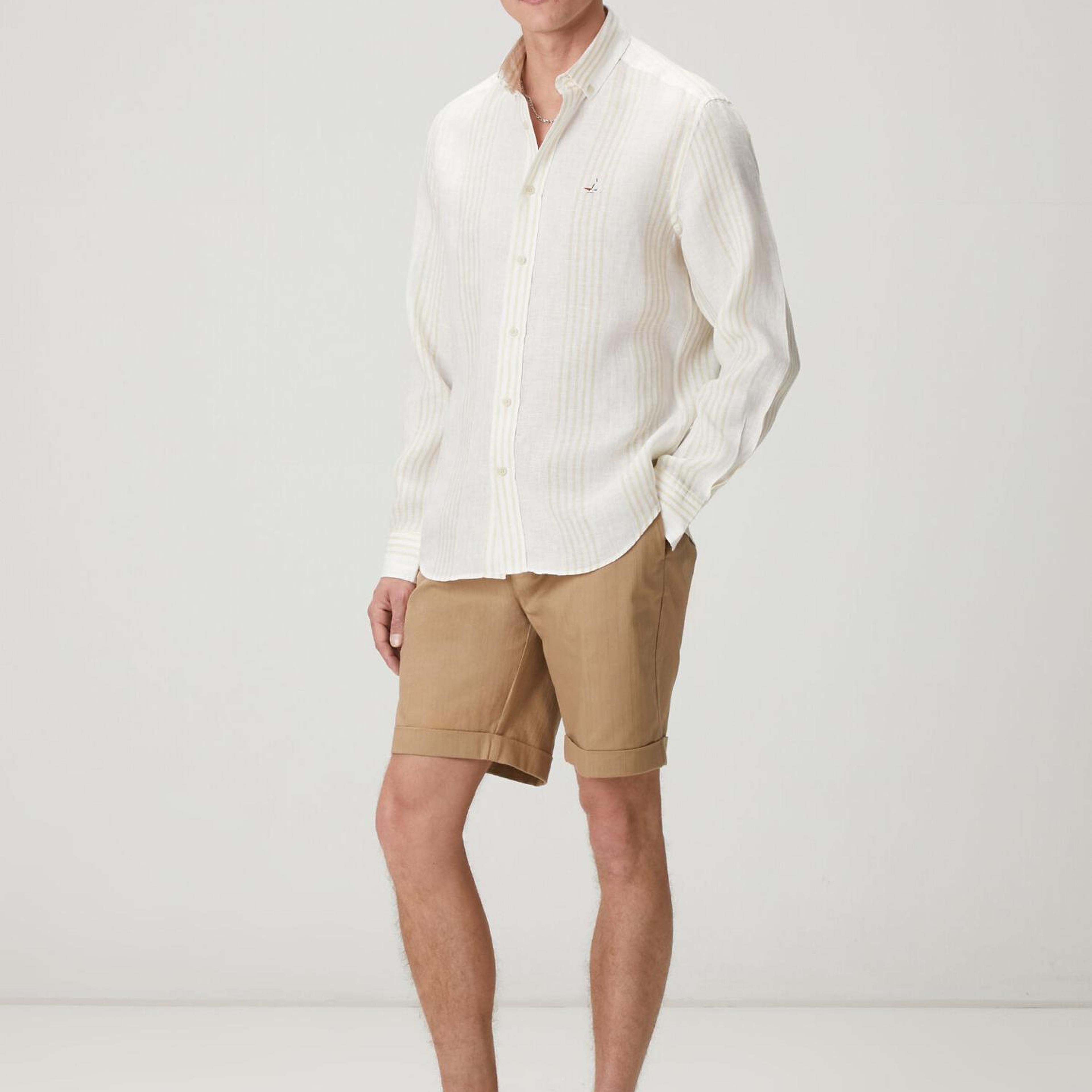 Beymen Club Erkek Comfort Fit Bej Beyaz Çizgili Keten Gömlek