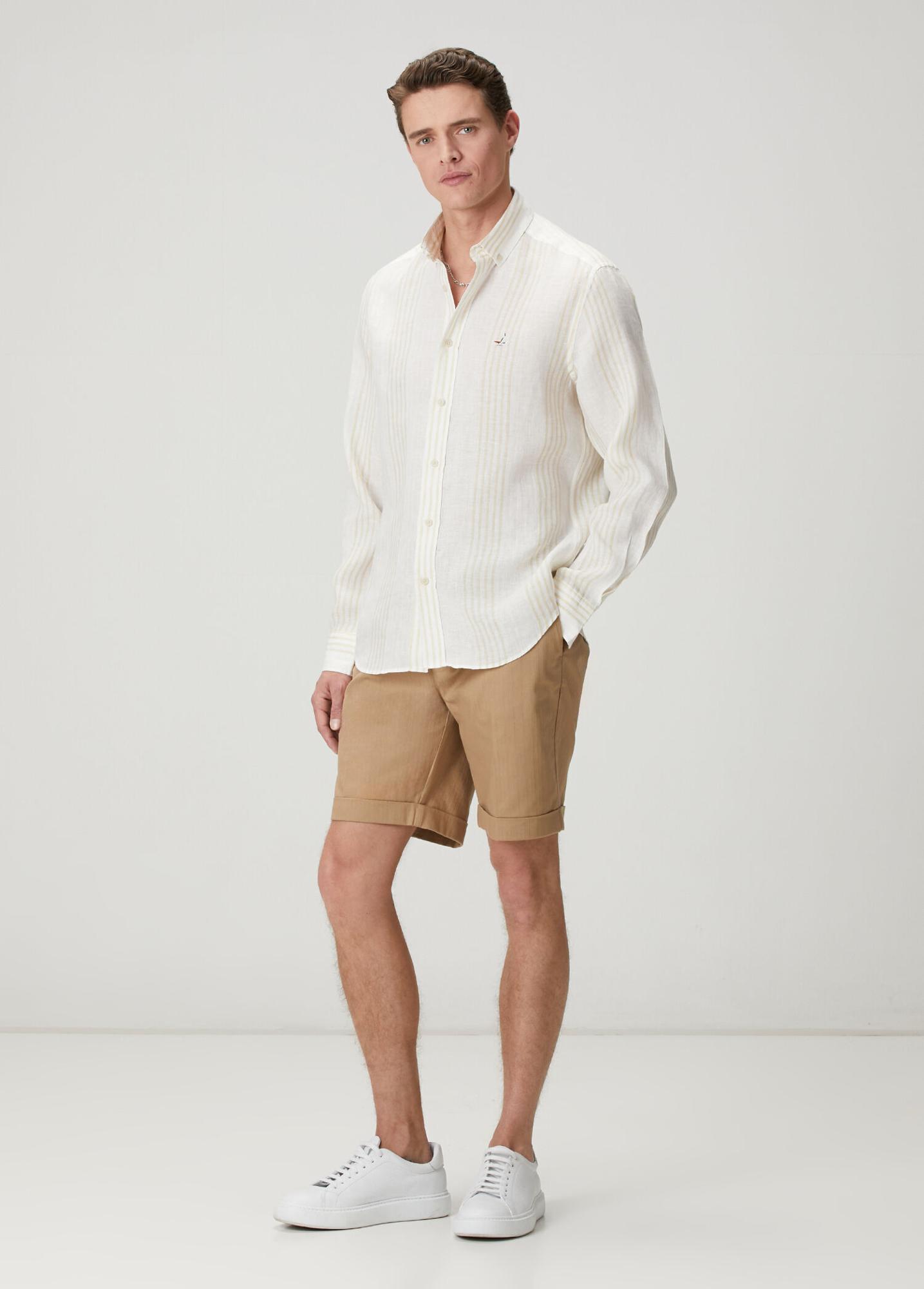 Beymen Club Erkek Comfort Fit Bej Beyaz Çizgili Keten Gömlek