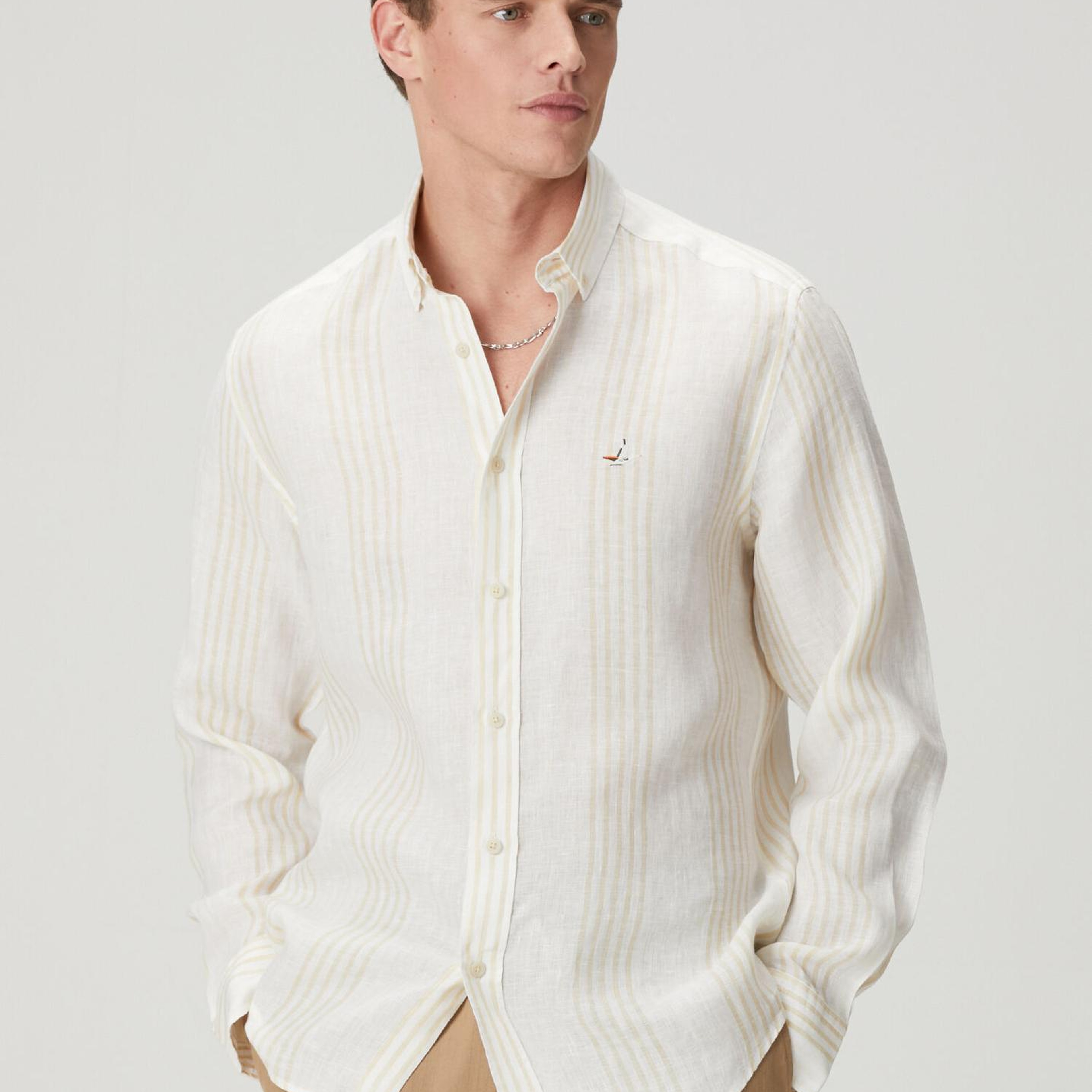 Beymen Club Erkek Comfort Fit Bej Beyaz Çizgili Keten Gömlek