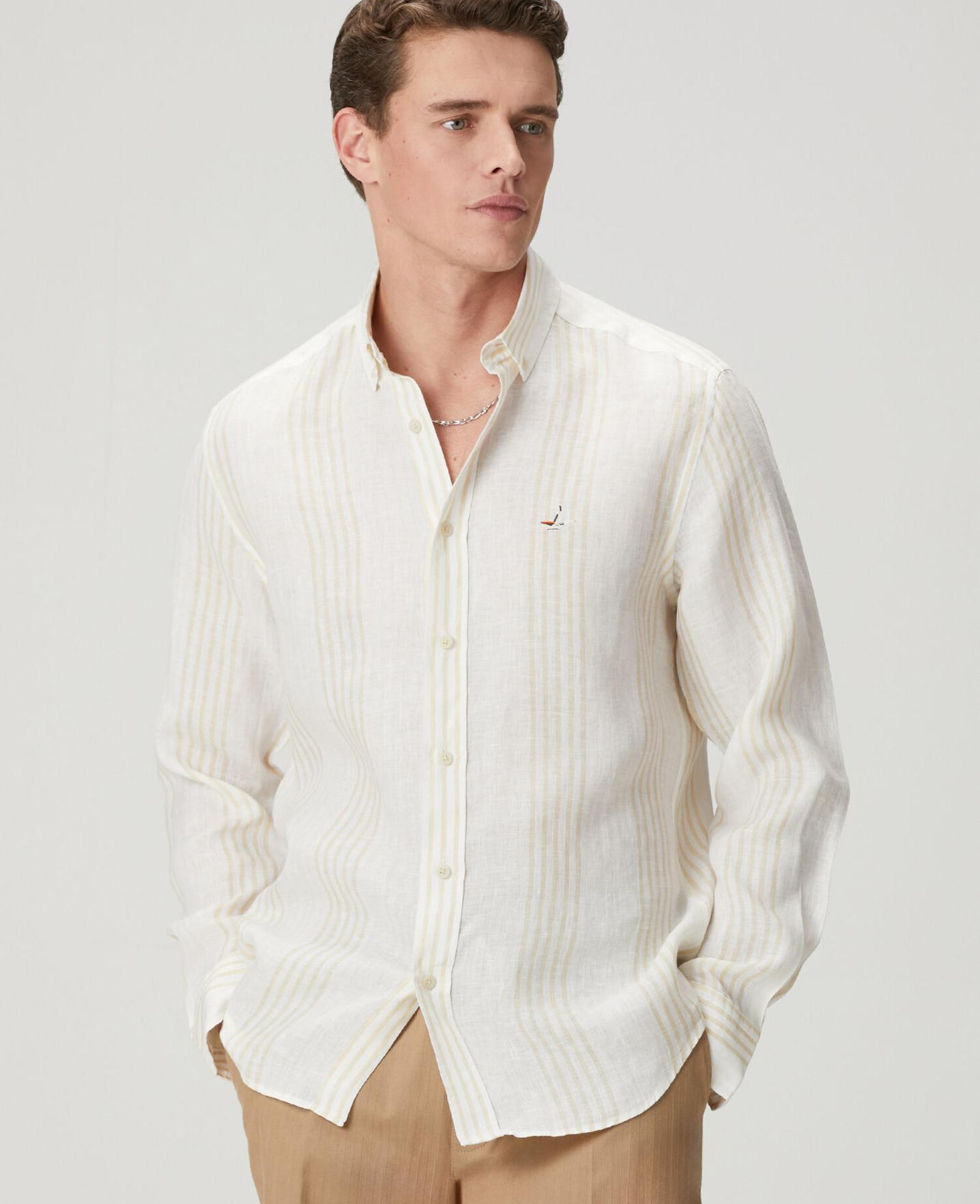 Beymen Club Erkek Comfort Fit Bej Beyaz Çizgili Keten Gömlek