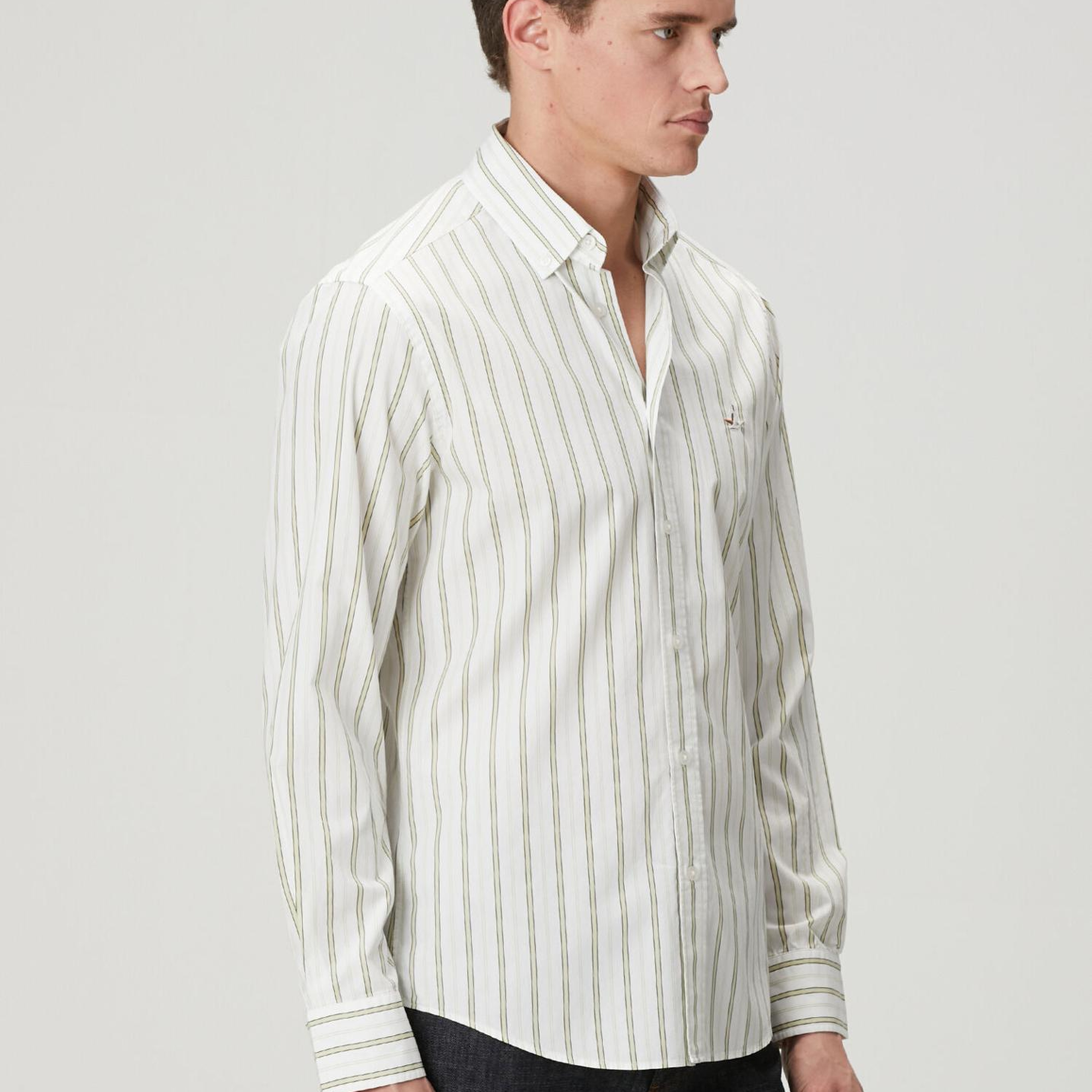 Beymen Club Erkek Beyaz Yeşil Çizgili Comfort Fit Pamuklu Gömlek