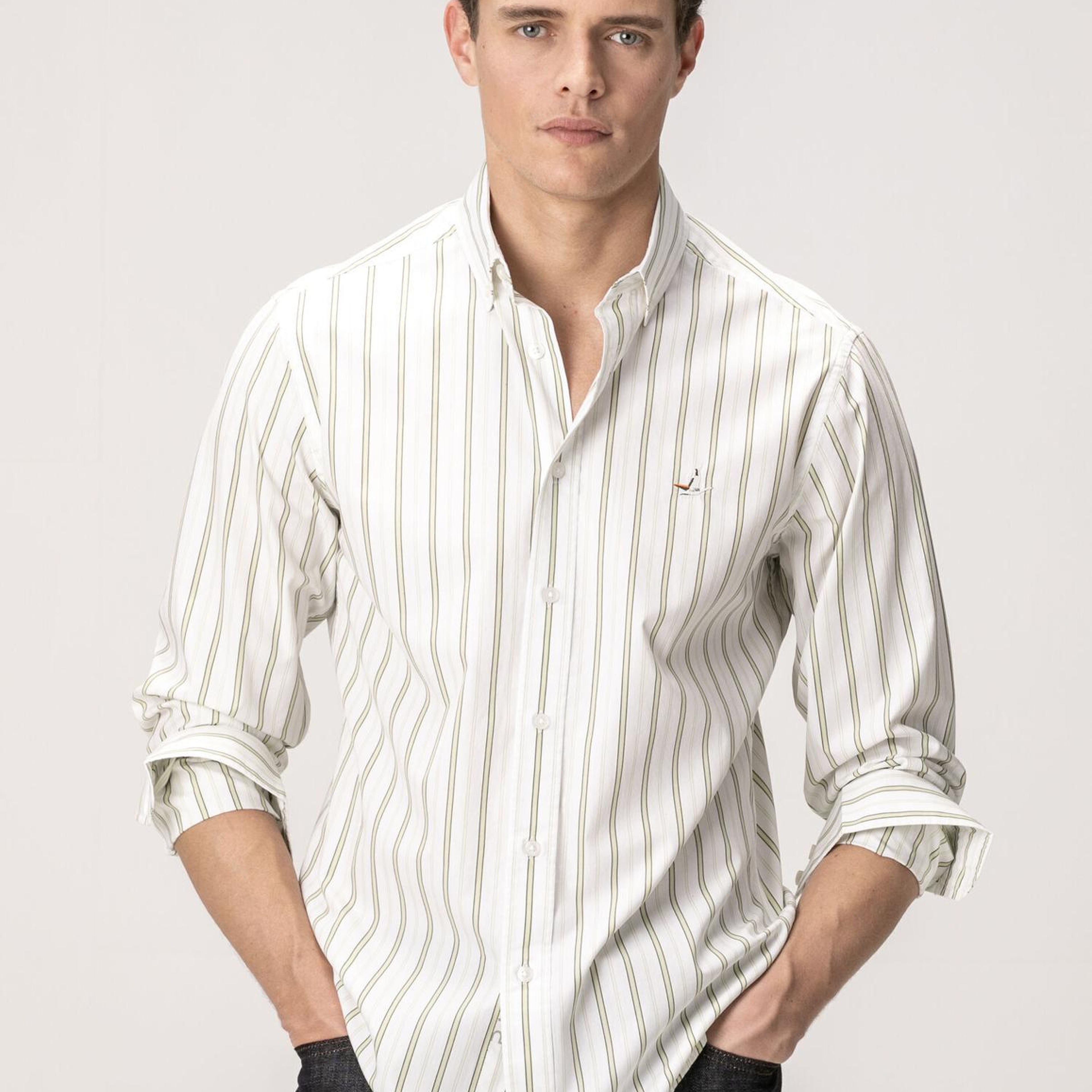 Beymen Club Erkek Beyaz Yeşil Çizgili Comfort Fit Pamuklu Gömlek