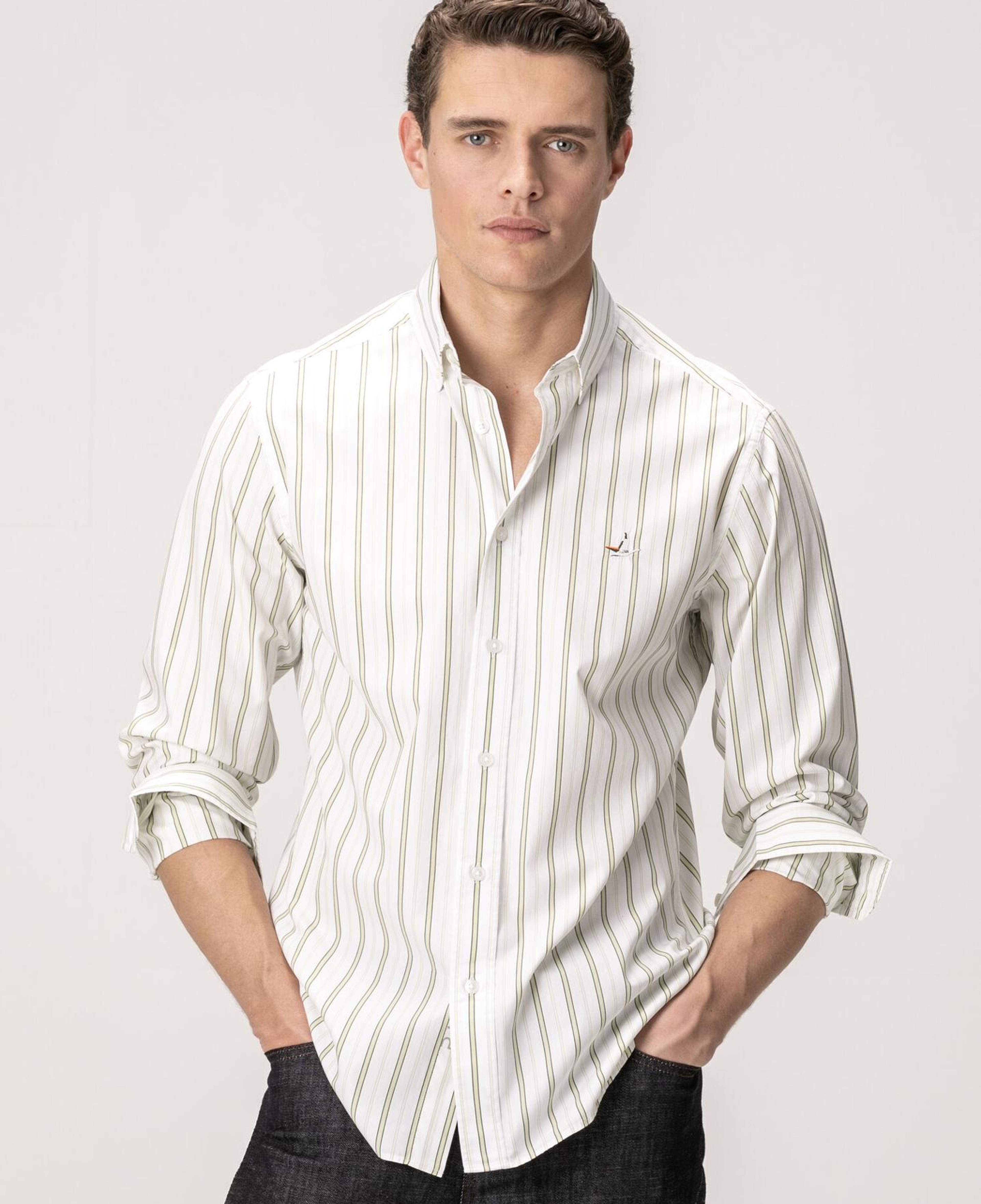 Beymen Club Erkek Beyaz Yeşil Çizgili Comfort Fit Pamuklu Gömlek