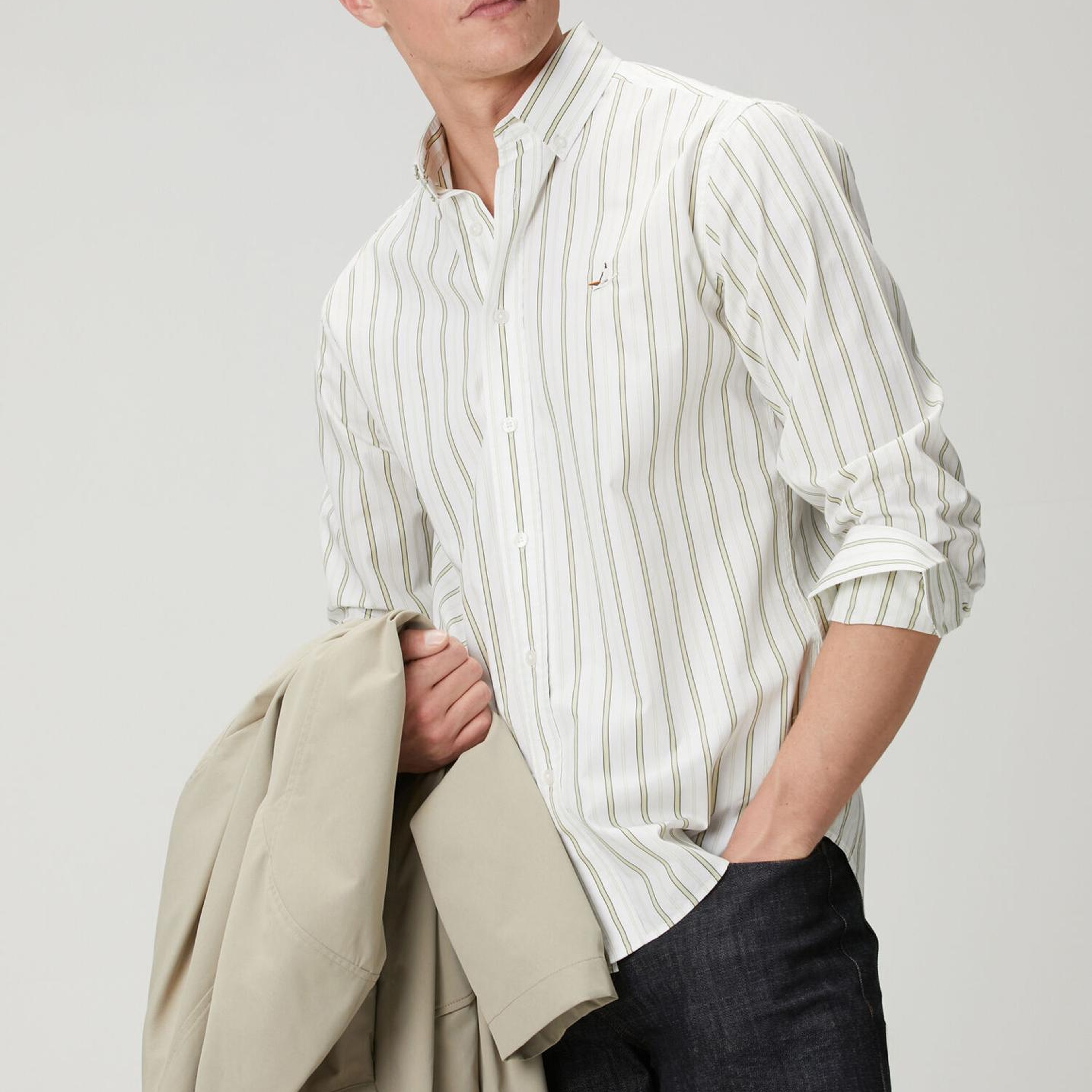 Beymen Club Erkek Beyaz Yeşil Çizgili Comfort Fit Pamuklu Gömlek