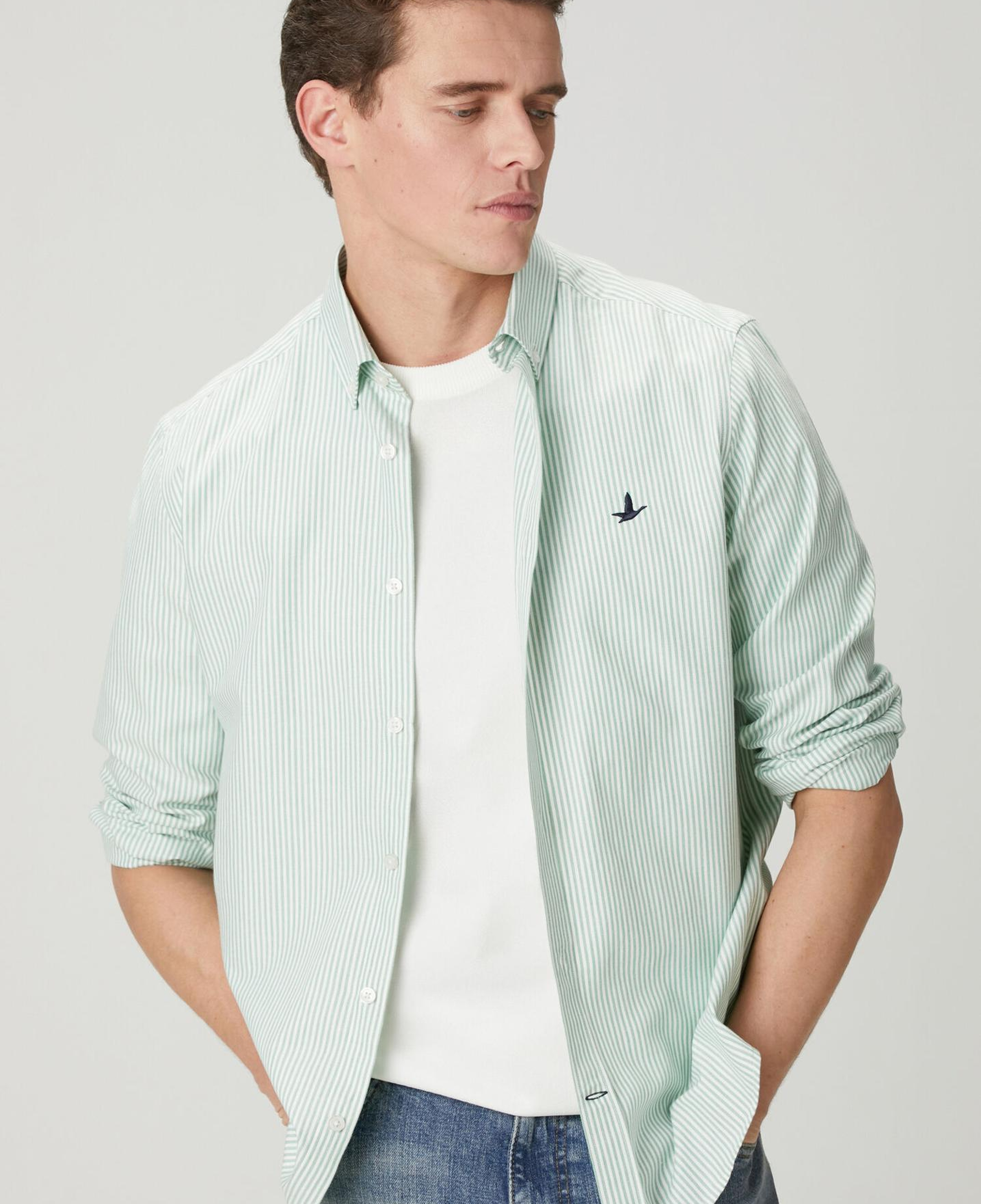 Beymen Club Erkek Comfort Fit Beyaz Yeşil Çizgili Oxford Gömlek