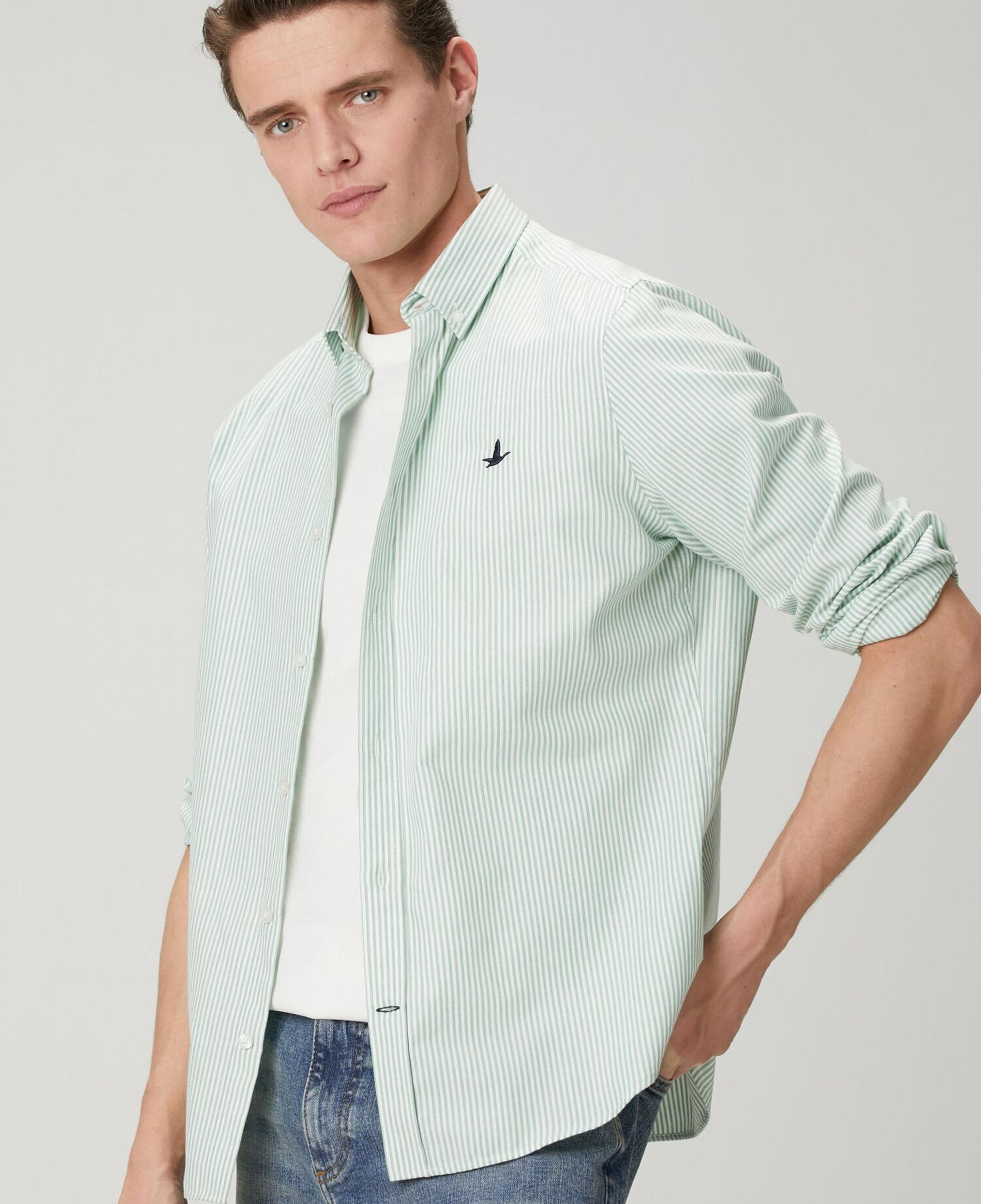 Beymen Club Erkek Comfort Fit Beyaz Yeşil Çizgili Oxford Gömlek