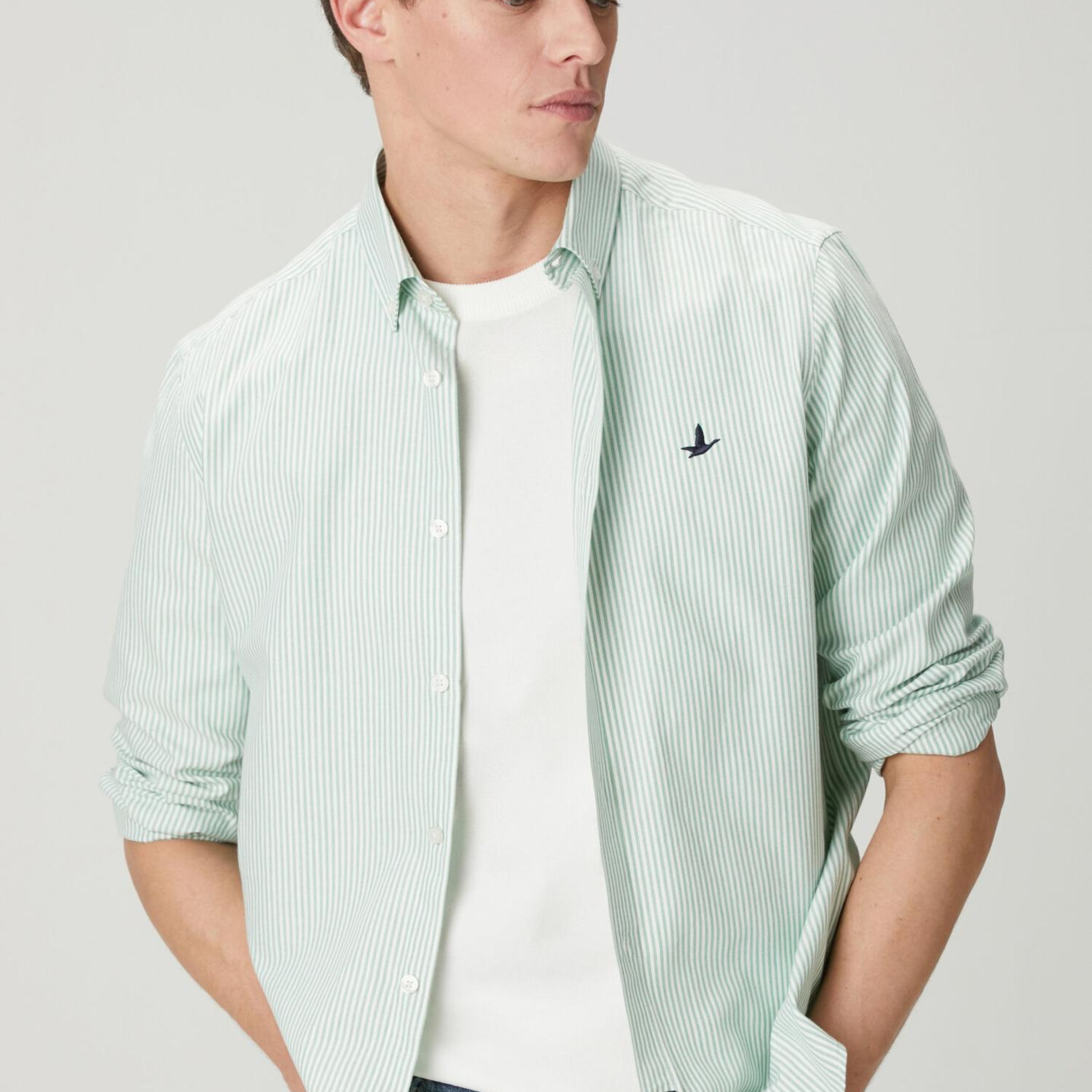 Beymen Club Erkek Comfort Fit Beyaz Yeşil Çizgili Oxford Gömlek