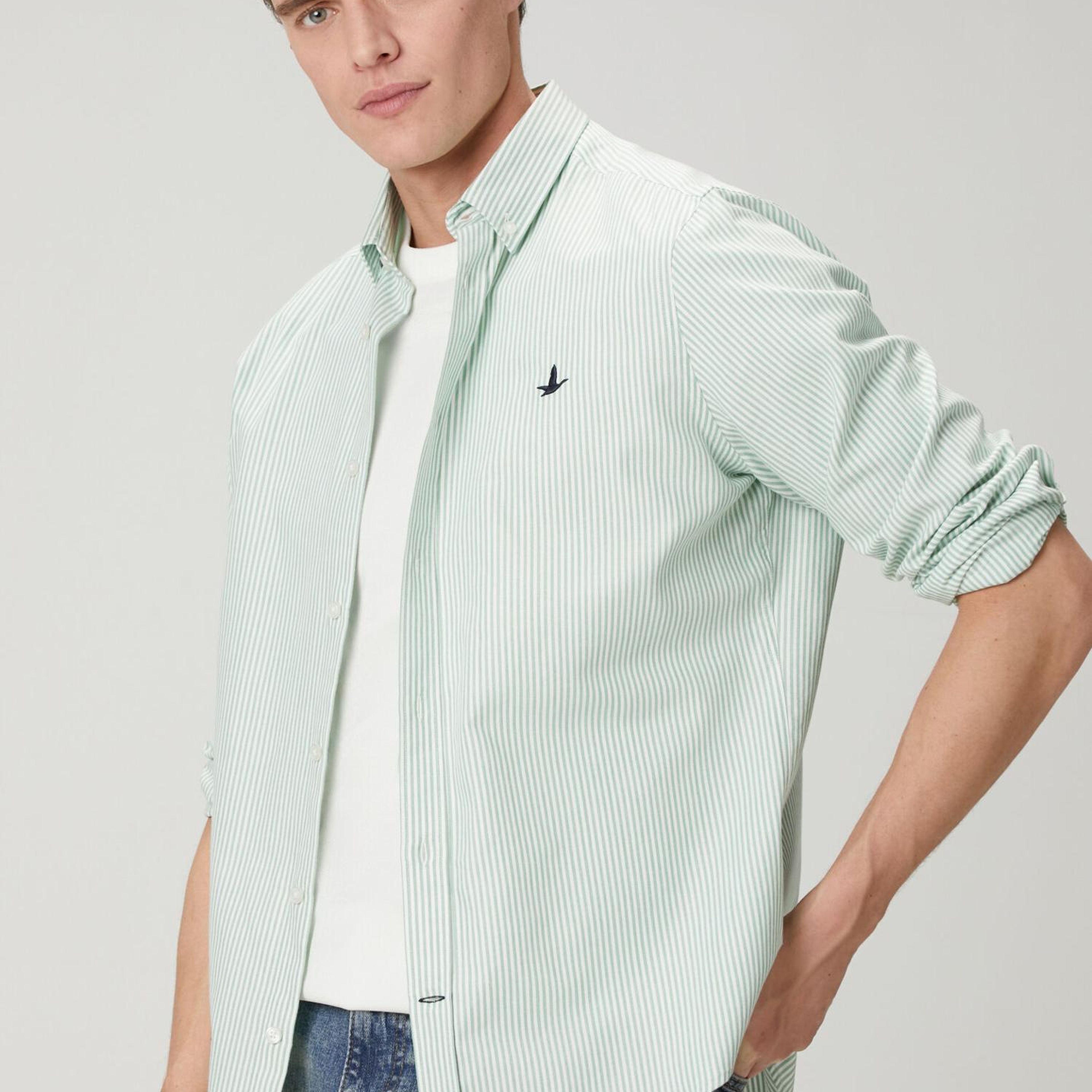 Beymen Club Erkek Comfort Fit Beyaz Yeşil Çizgili Oxford Gömlek