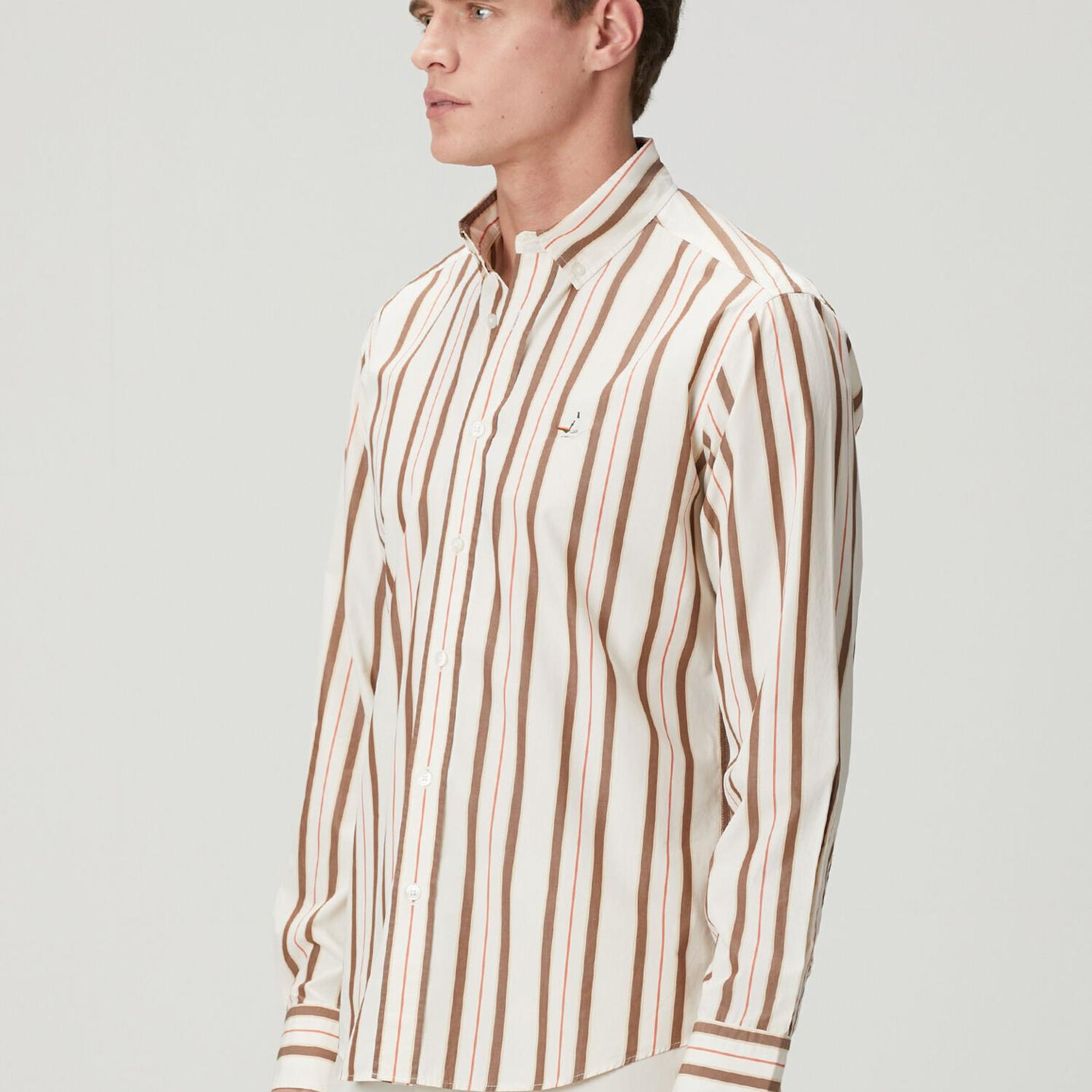 Beymen Club Erkek Comfort Fit Bej Kahverengi Çizgi Desenli Gömlek