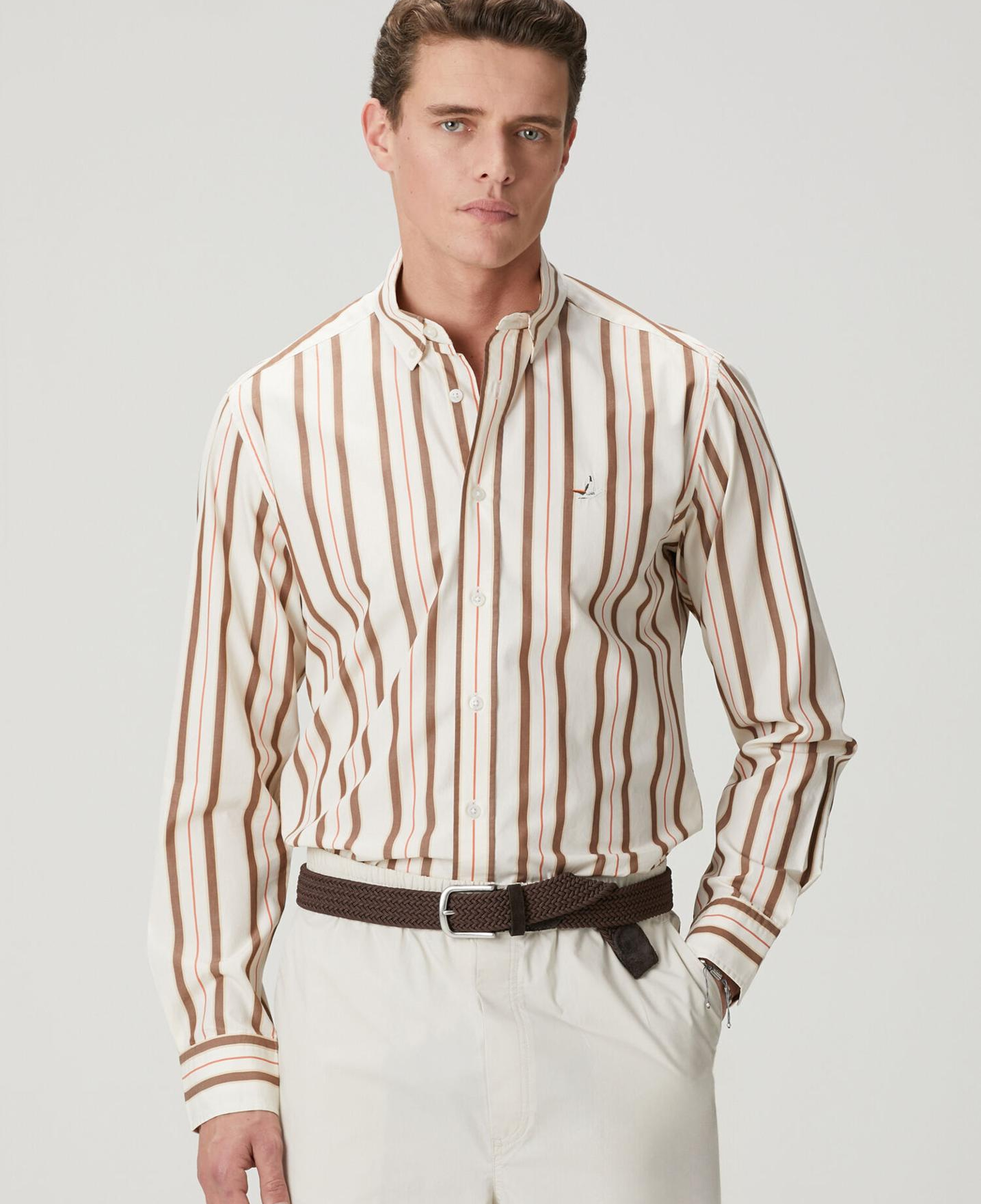 Beymen Club Erkek Comfort Fit Bej Kahverengi Çizgi Desenli Gömlek