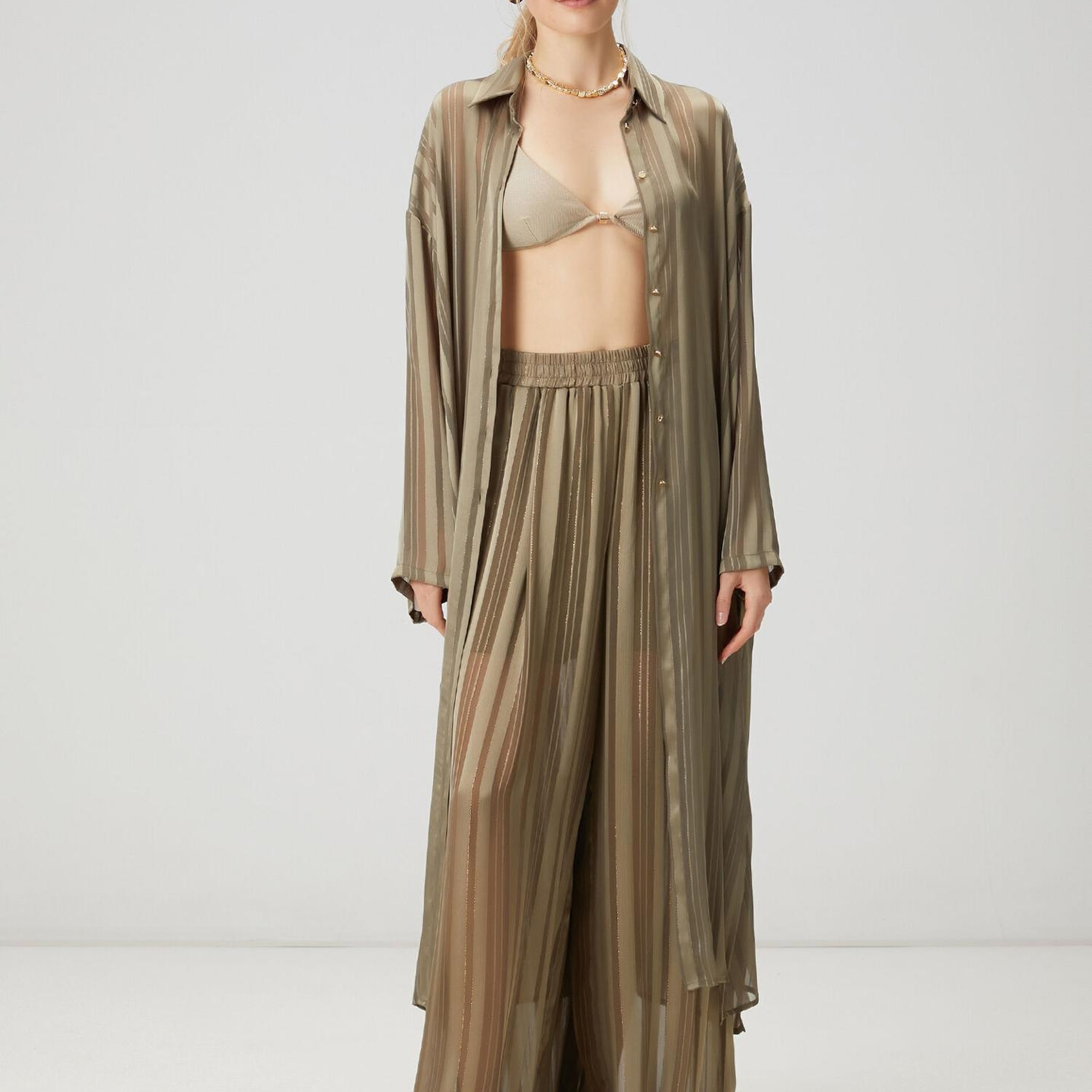 Beymen Club Kadın Haki Çizgili Transparan Tunik