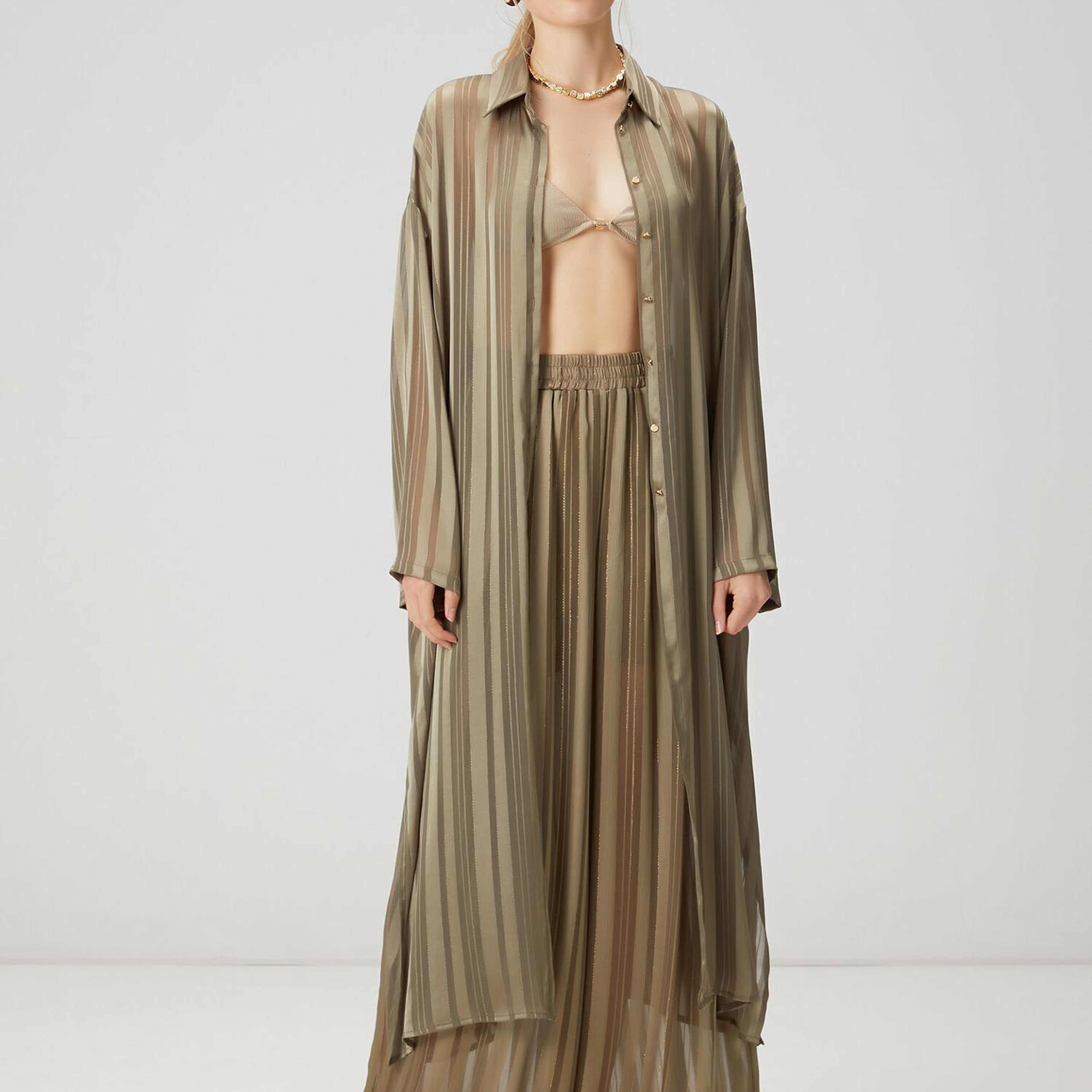 Beymen Club Kadın Haki Çizgili Transparan Tunik