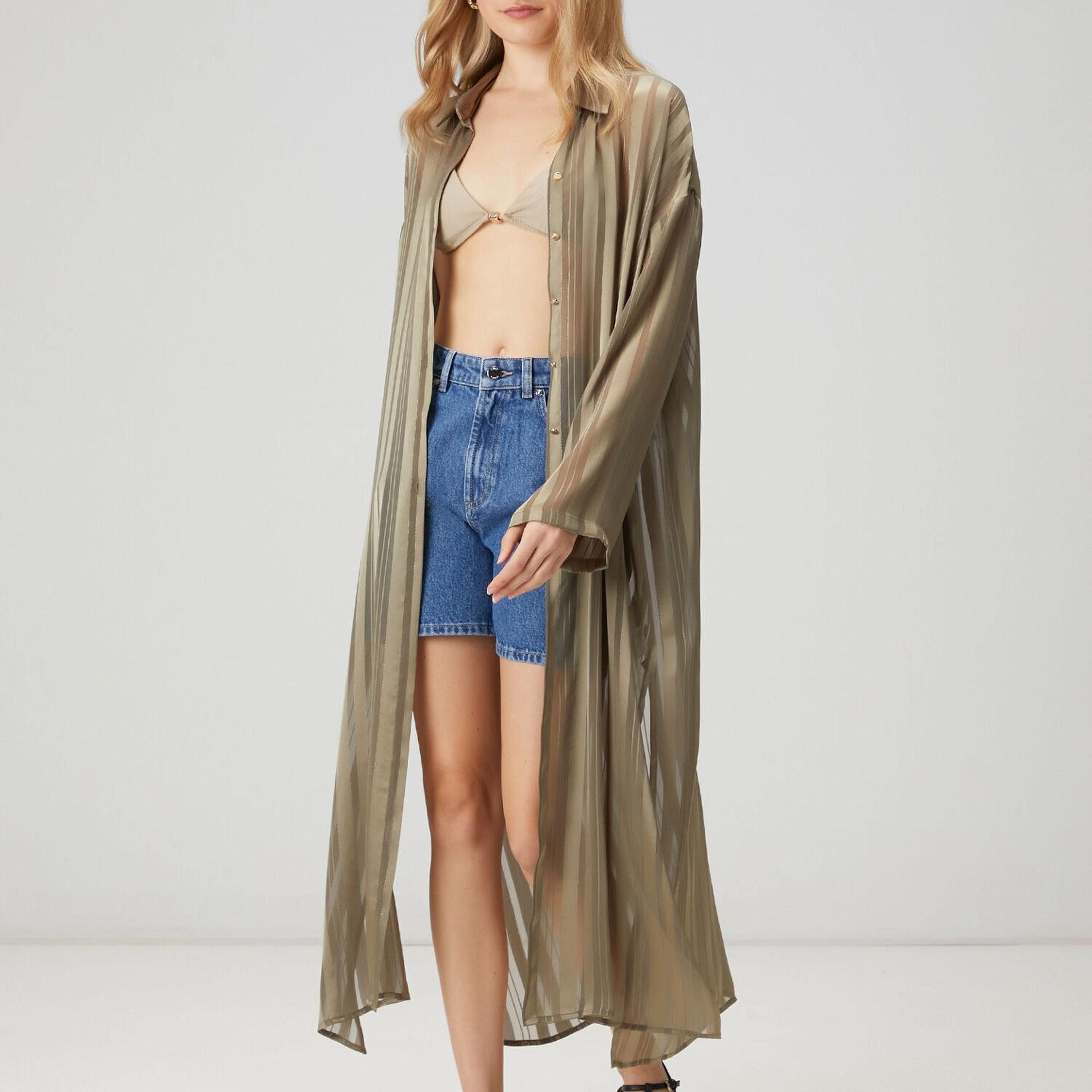 Beymen Club Kadın Haki Çizgili Transparan Tunik