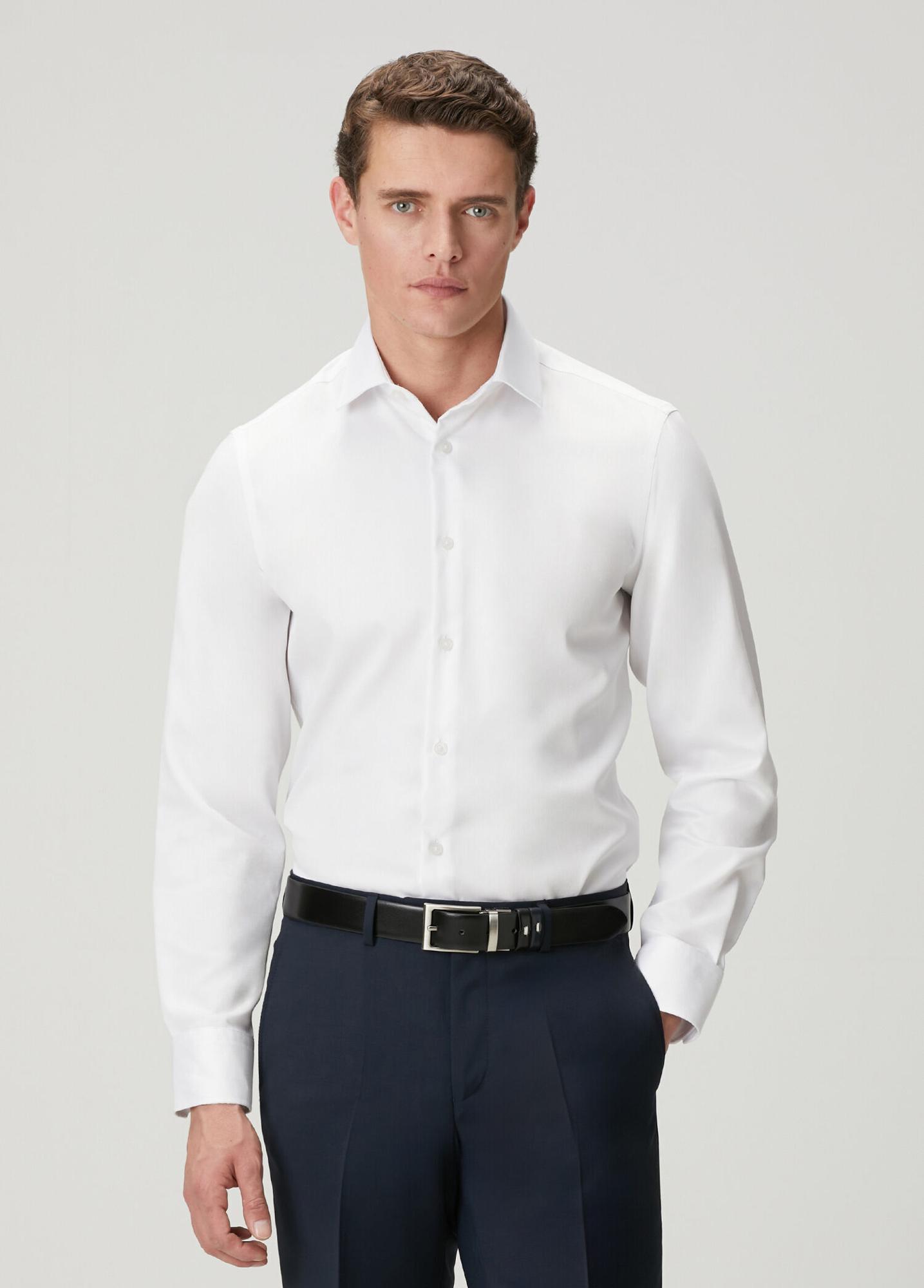 Beymen Club Erkek Slim Fit Beyaz Armürlü Non-iron Gömlek