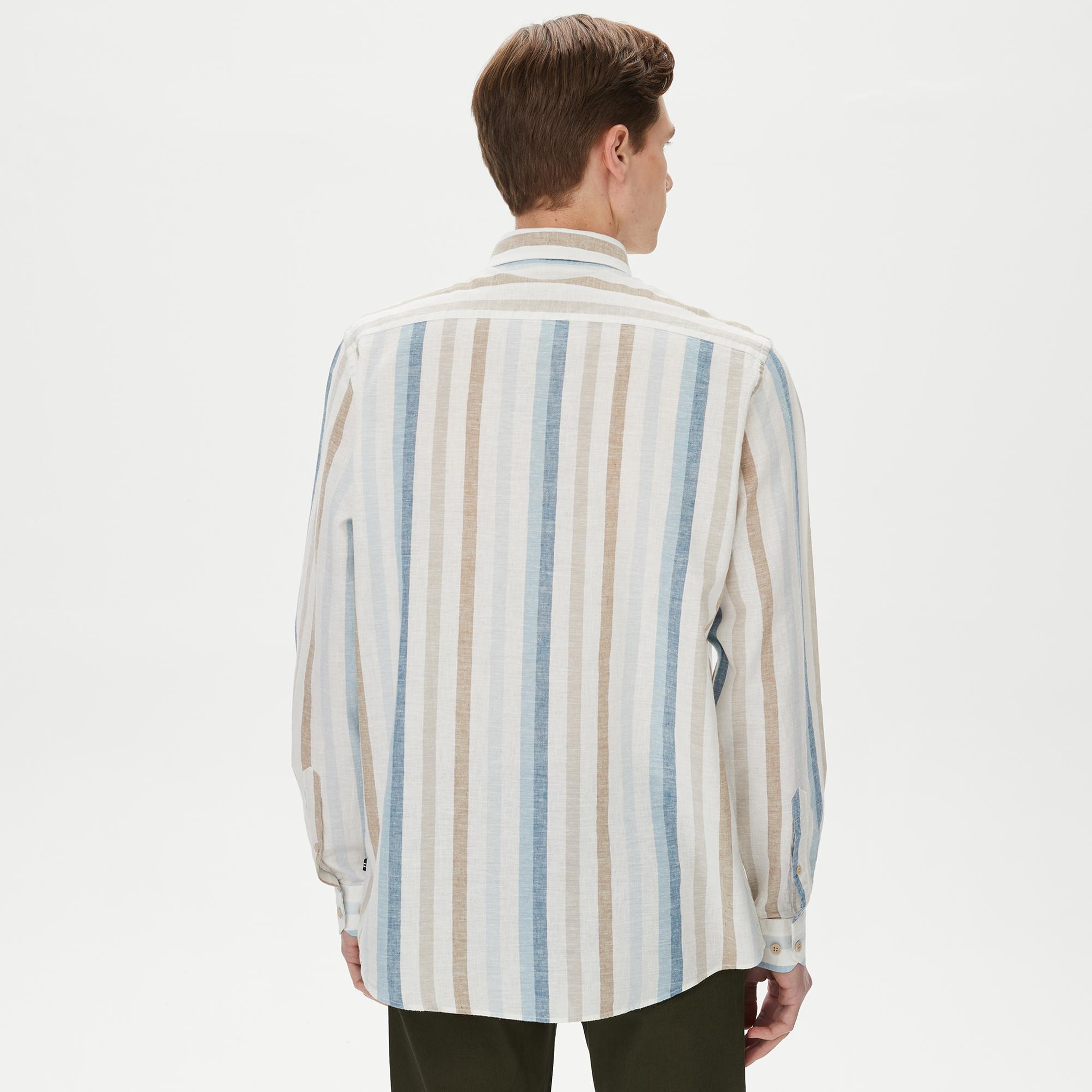 Nautica Erkek Mavi Classic Fit Uzun Kollu Çizgili Gömlek