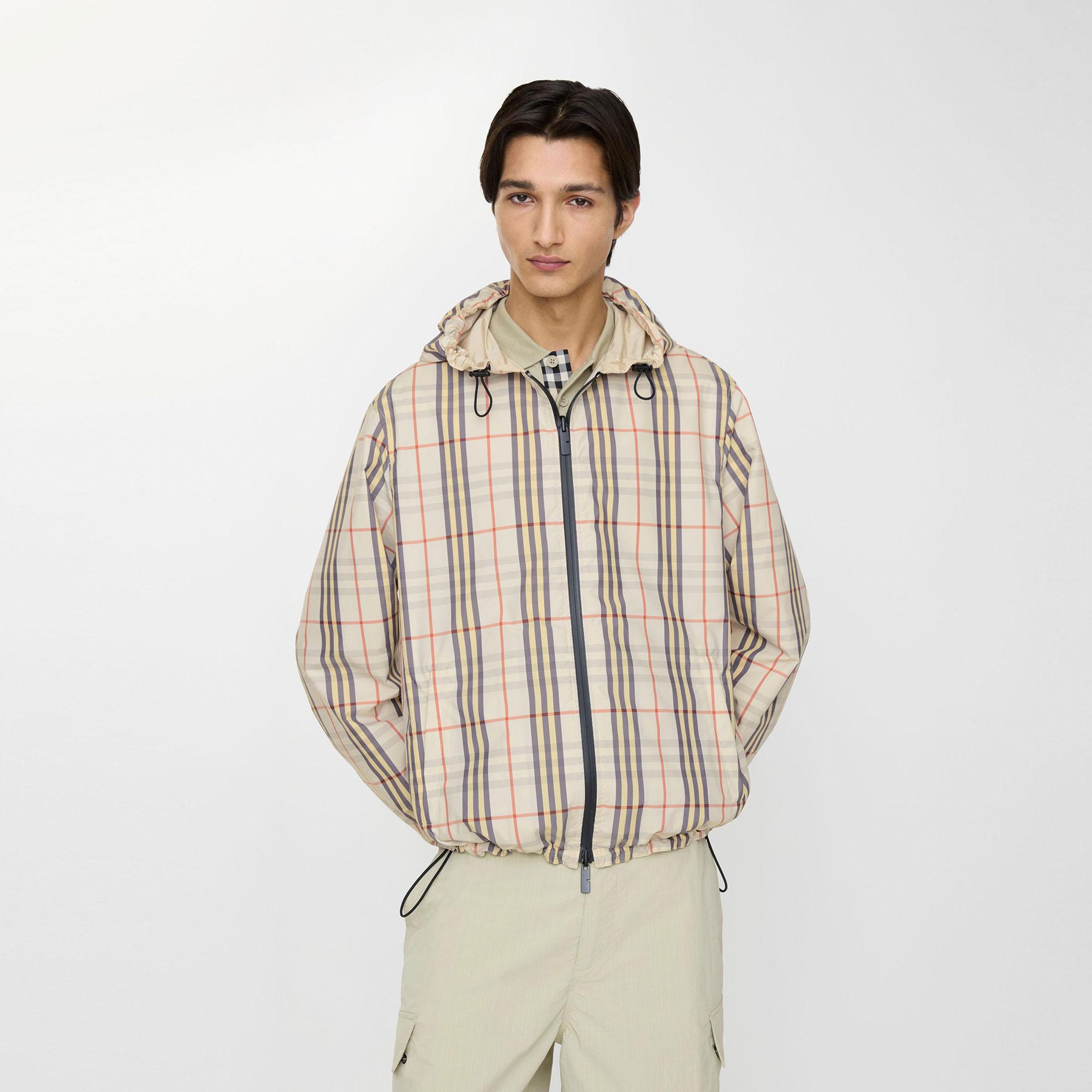 Burberry Reversible Check Hooded Erkek Bej Mont