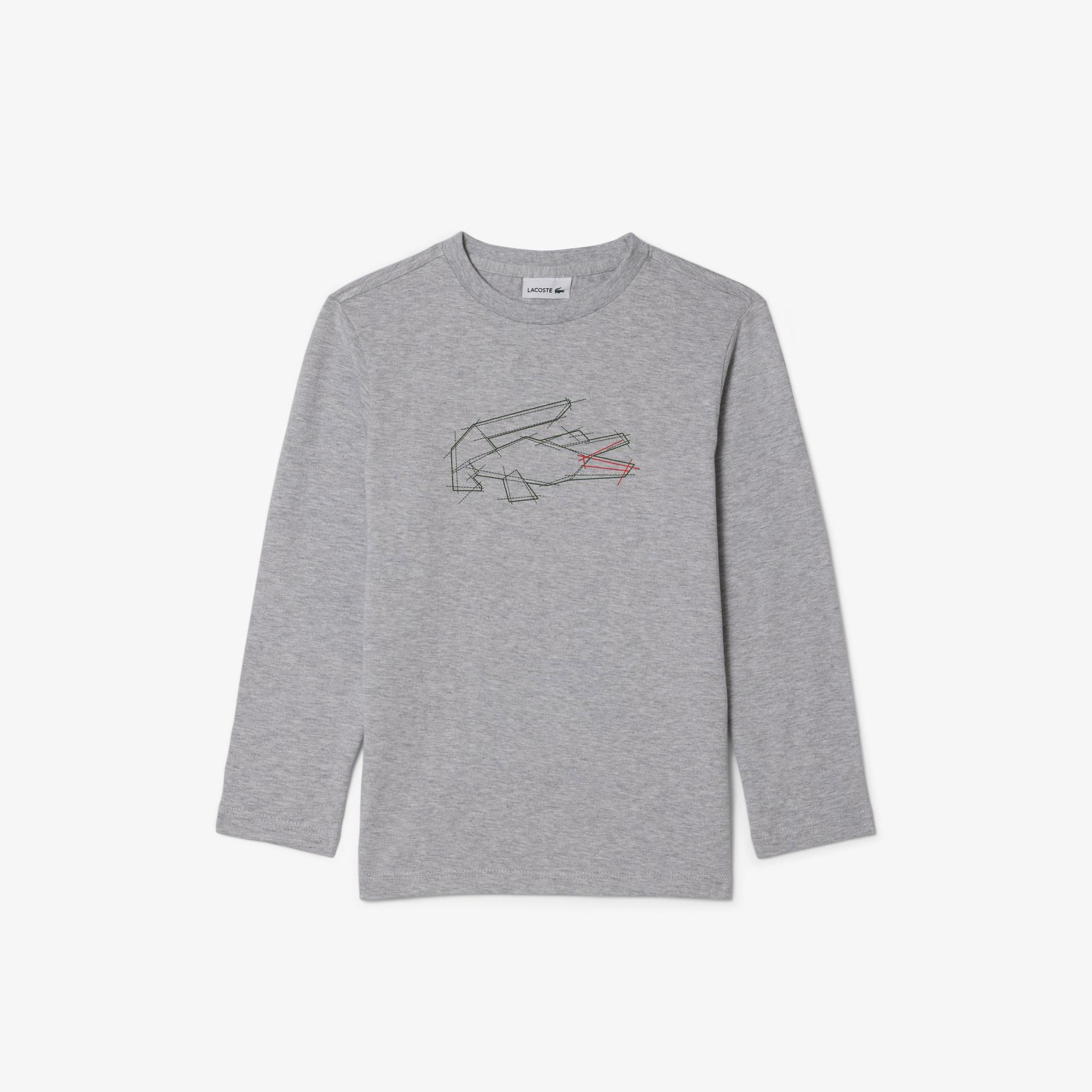 Lacoste Erkek Çocuk Uzun Kollu Bisiklet Yaka Baskılı Gri T-Shirt