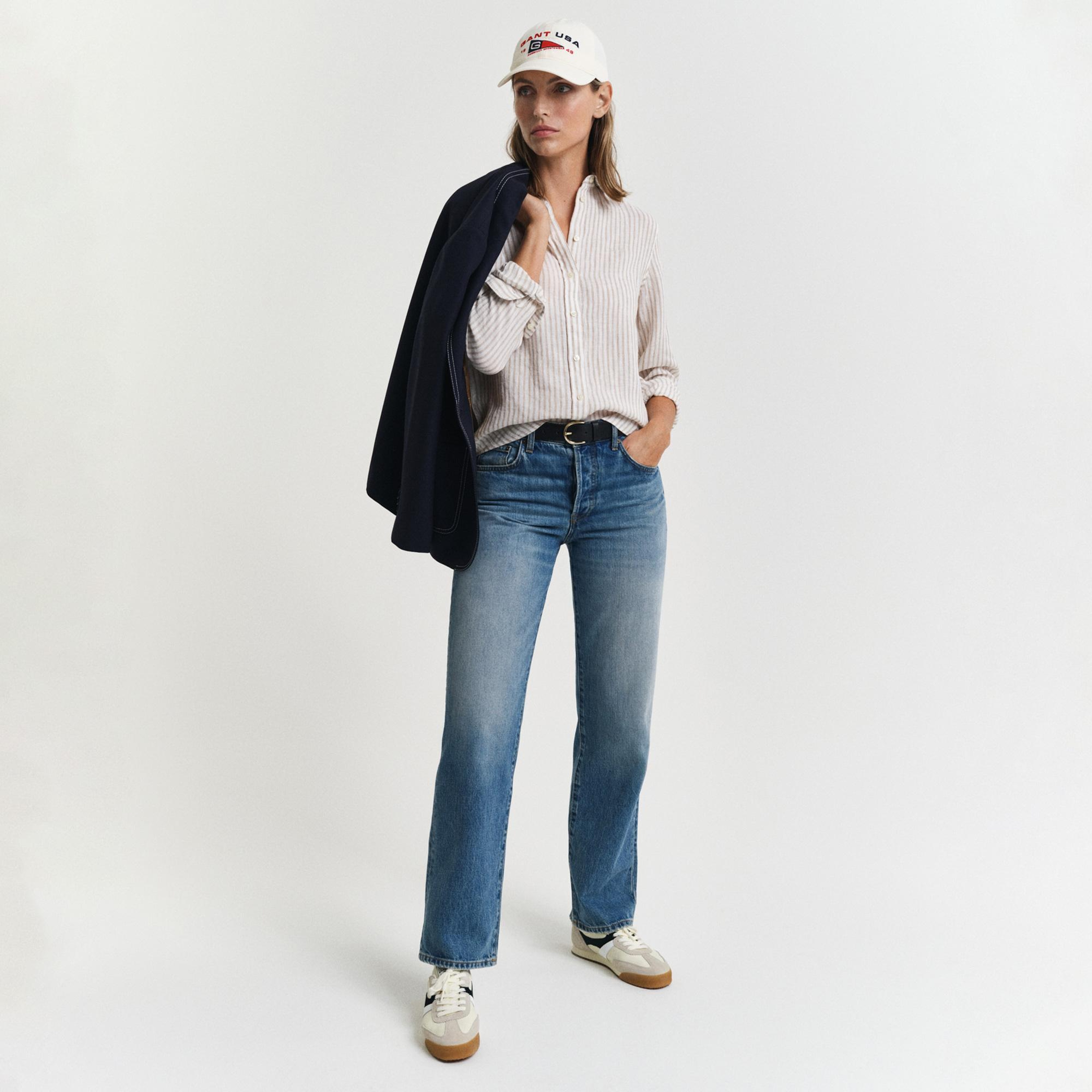 GANT Kadın Bej Regular Fit Klasik Yaka Çizgili Keten Gömlek