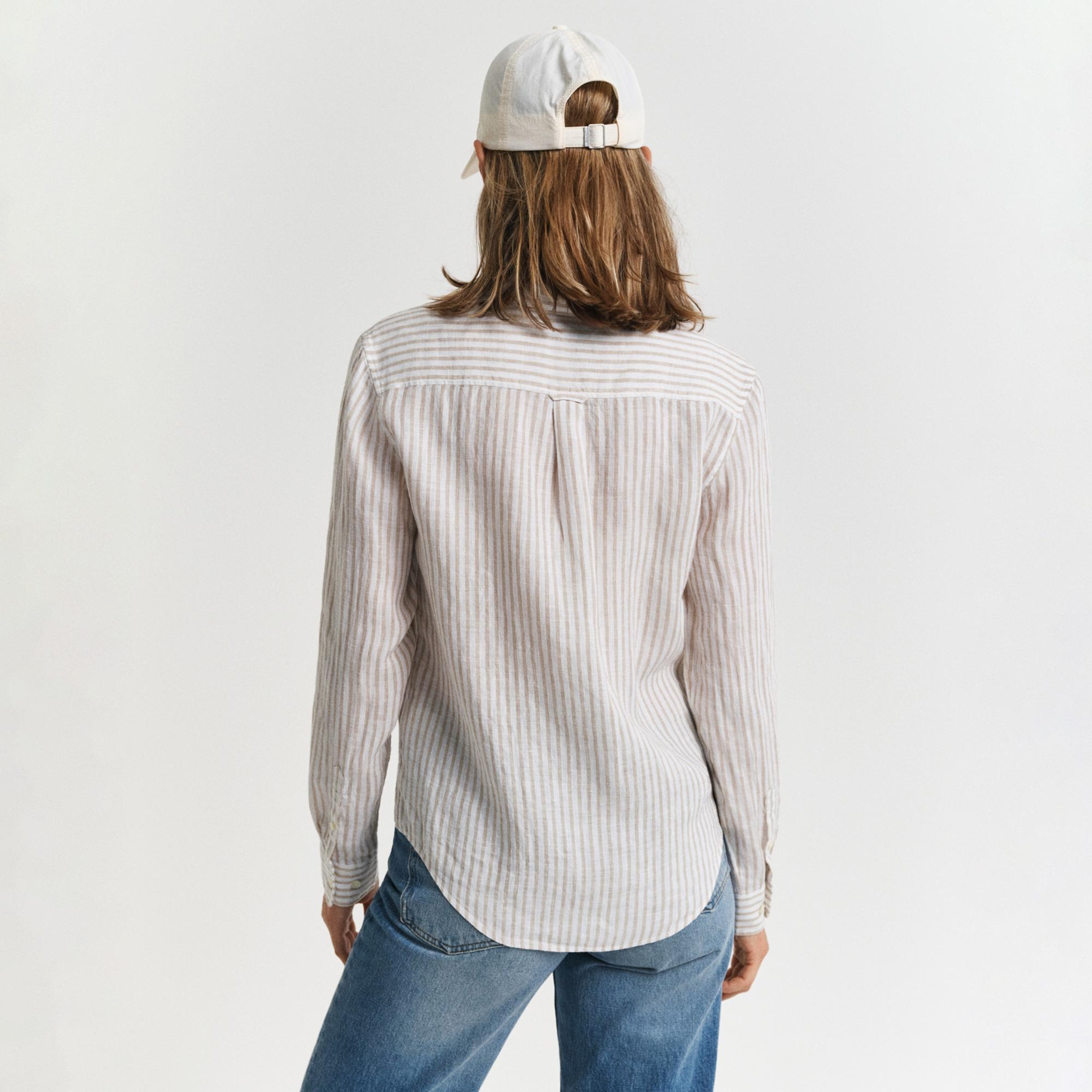 GANT Kadın Bej Regular Fit Klasik Yaka Çizgili Keten Gömlek