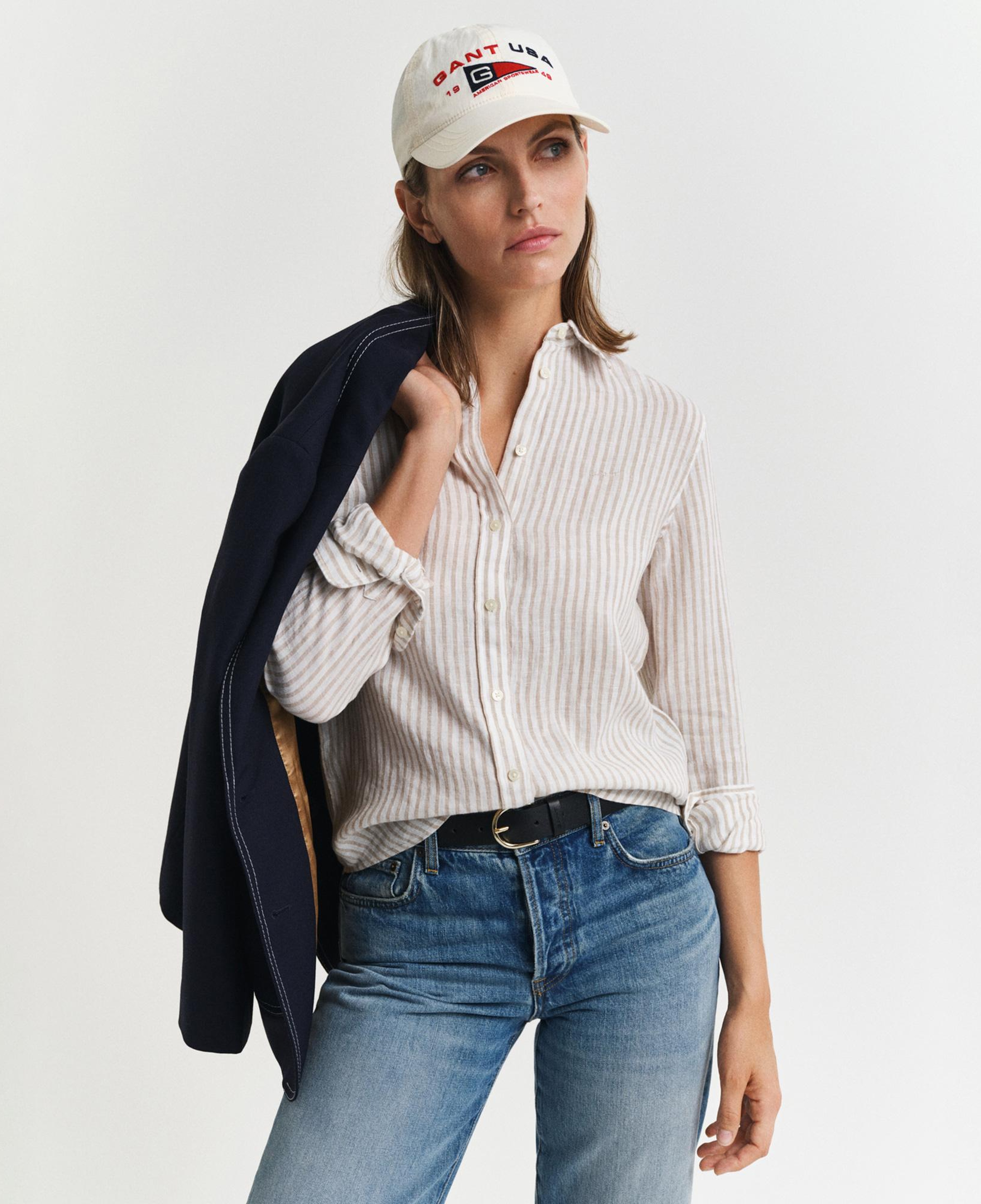 GANT Kadın Bej Regular Fit Klasik Yaka Çizgili Keten Gömlek