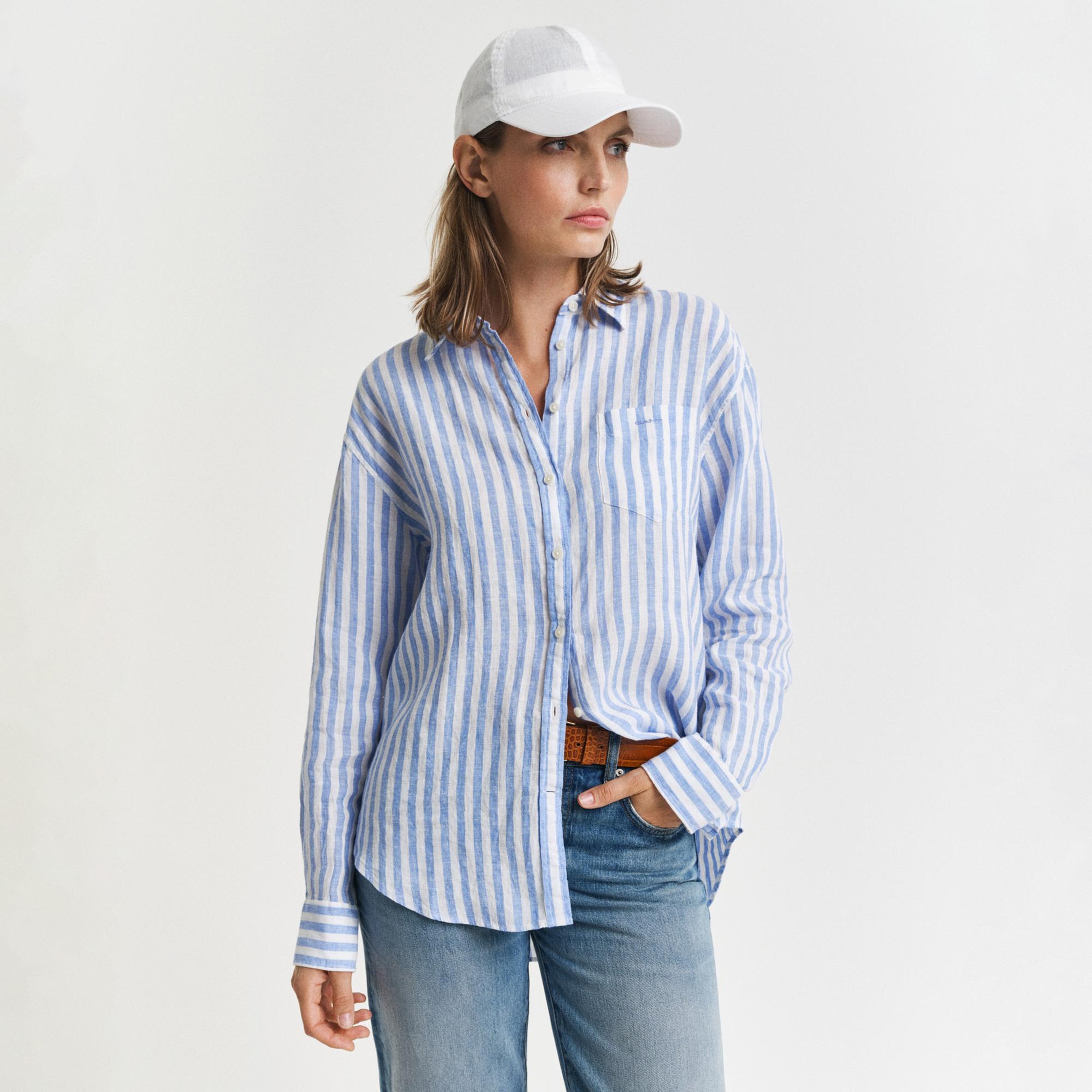 GANT Kadın Mavi Relaxed Fit Klasik Yaka Çizgili Gömlek