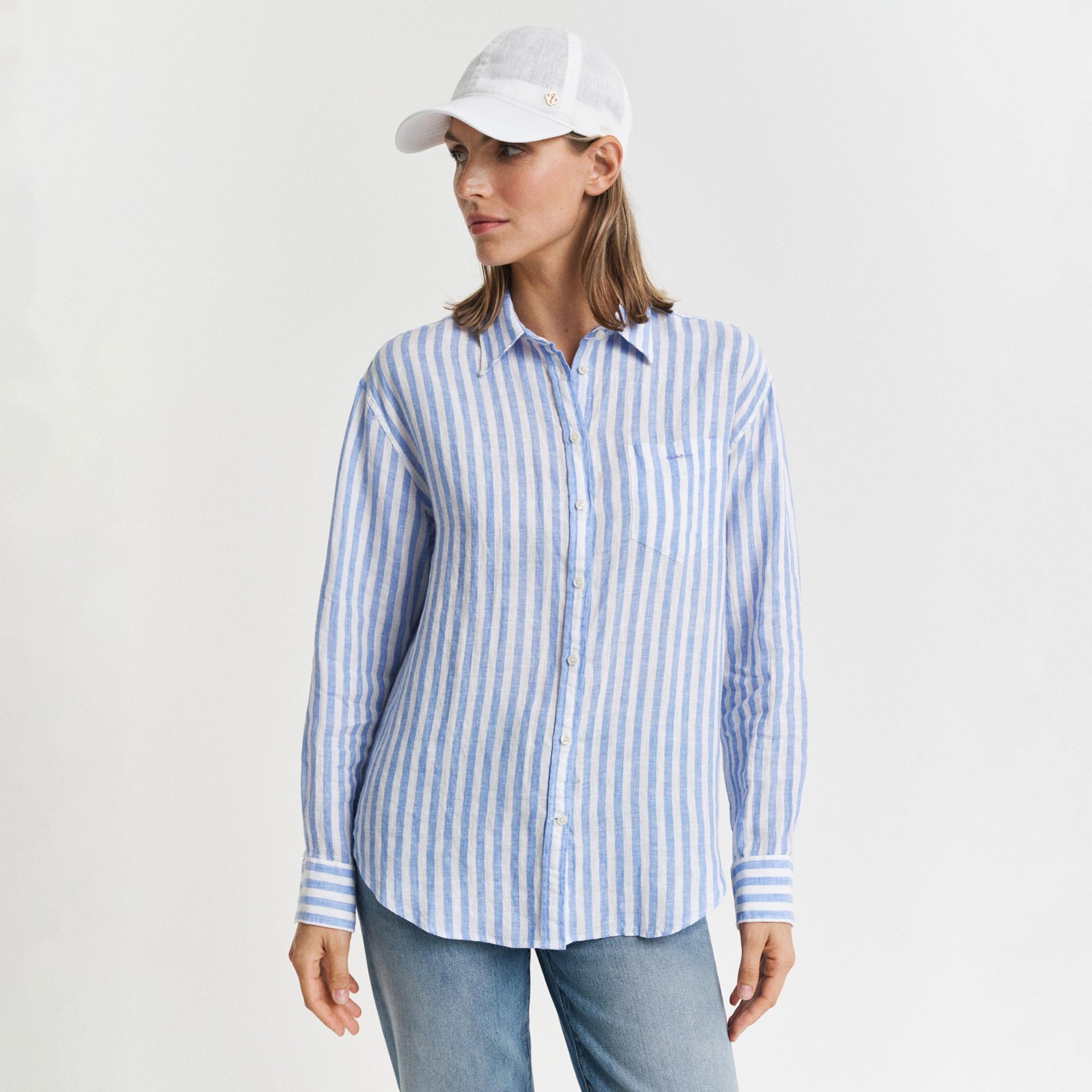 GANT Kadın Mavi Relaxed Fit Klasik Yaka Çizgili Gömlek