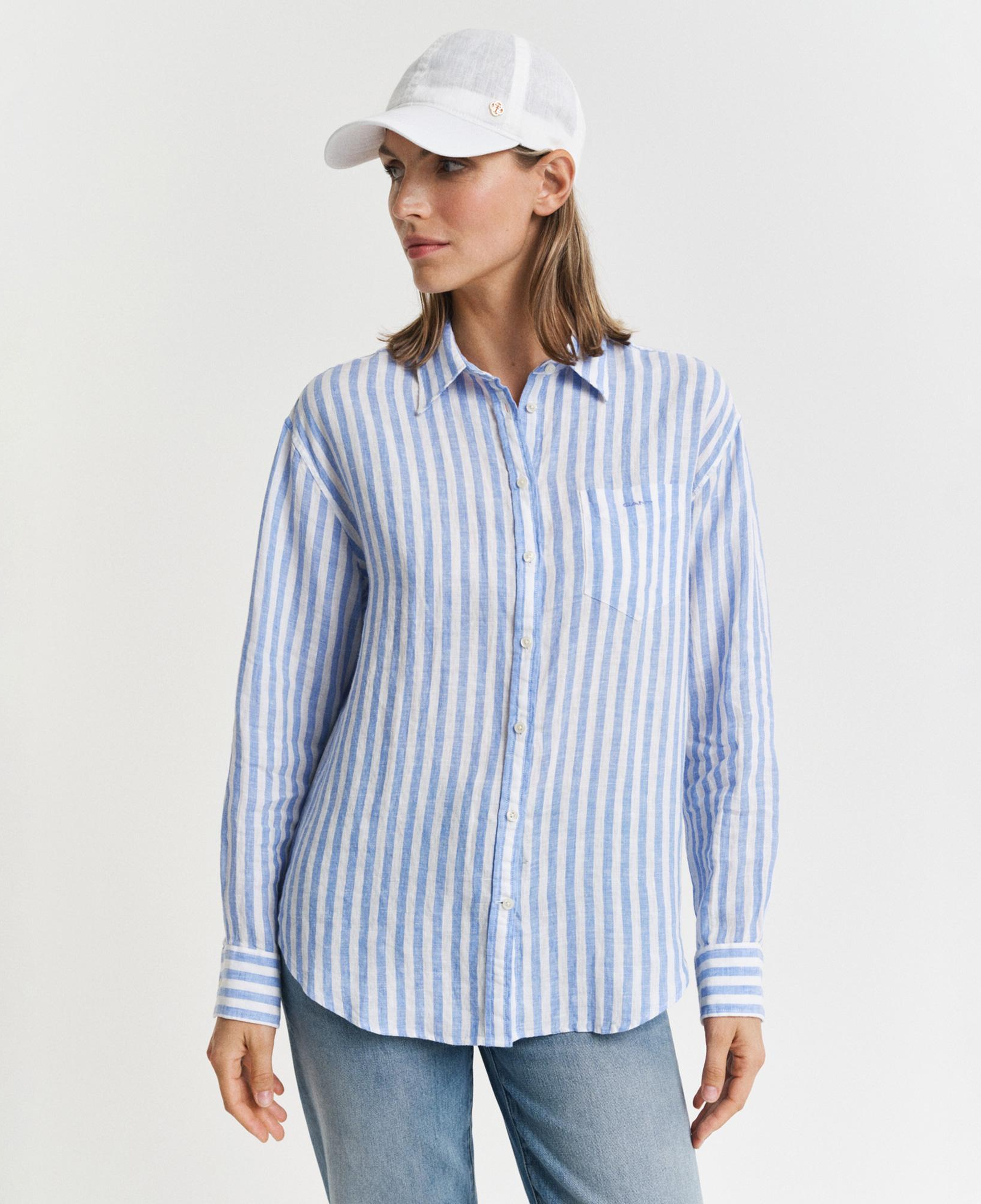 GANT Kadın Mavi Relaxed Fit Klasik Yaka Çizgili Gömlek