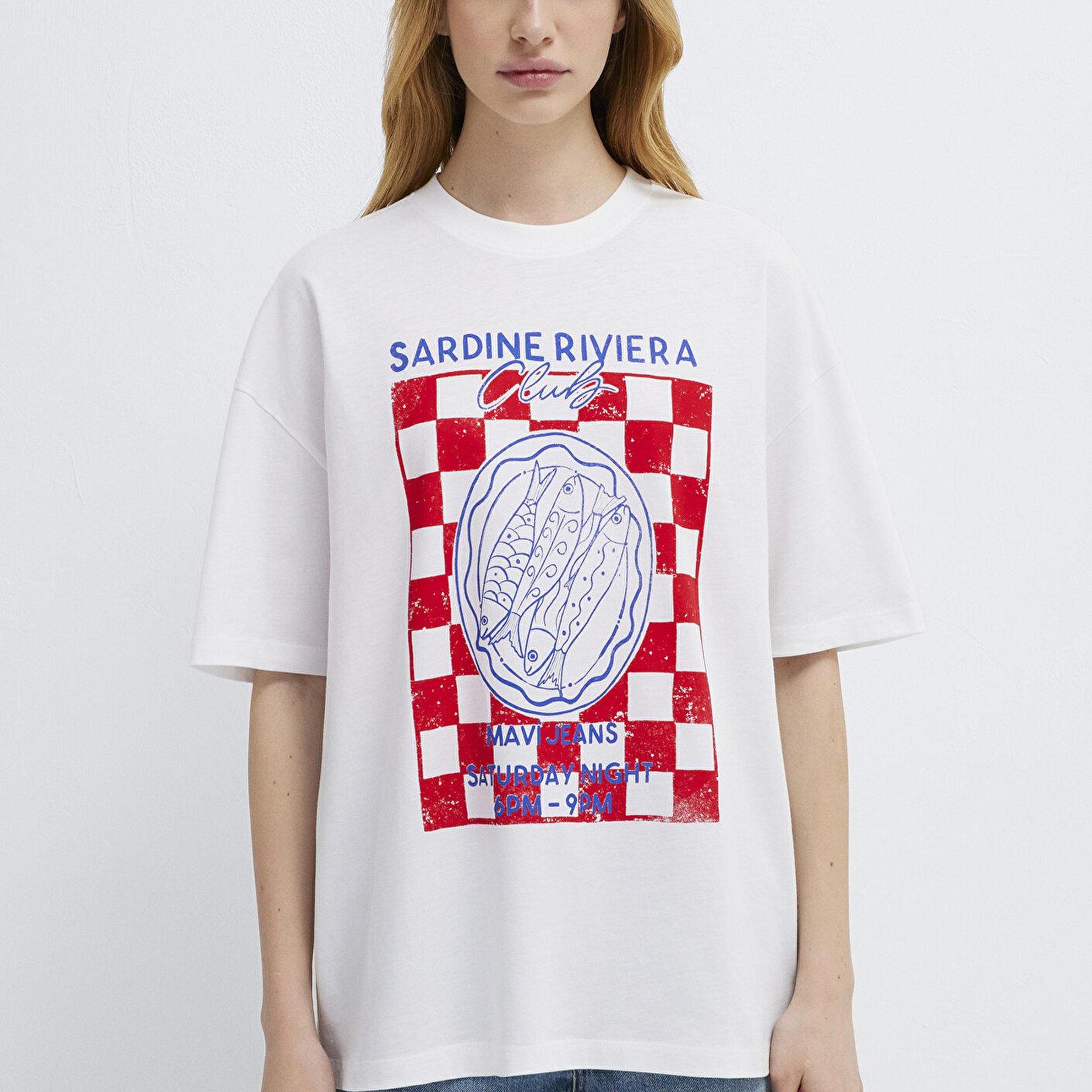 Mavi Sardalya Baskılı Beyaz Tişört Loose Fit / Bol Rahat Kesim 1614152-620