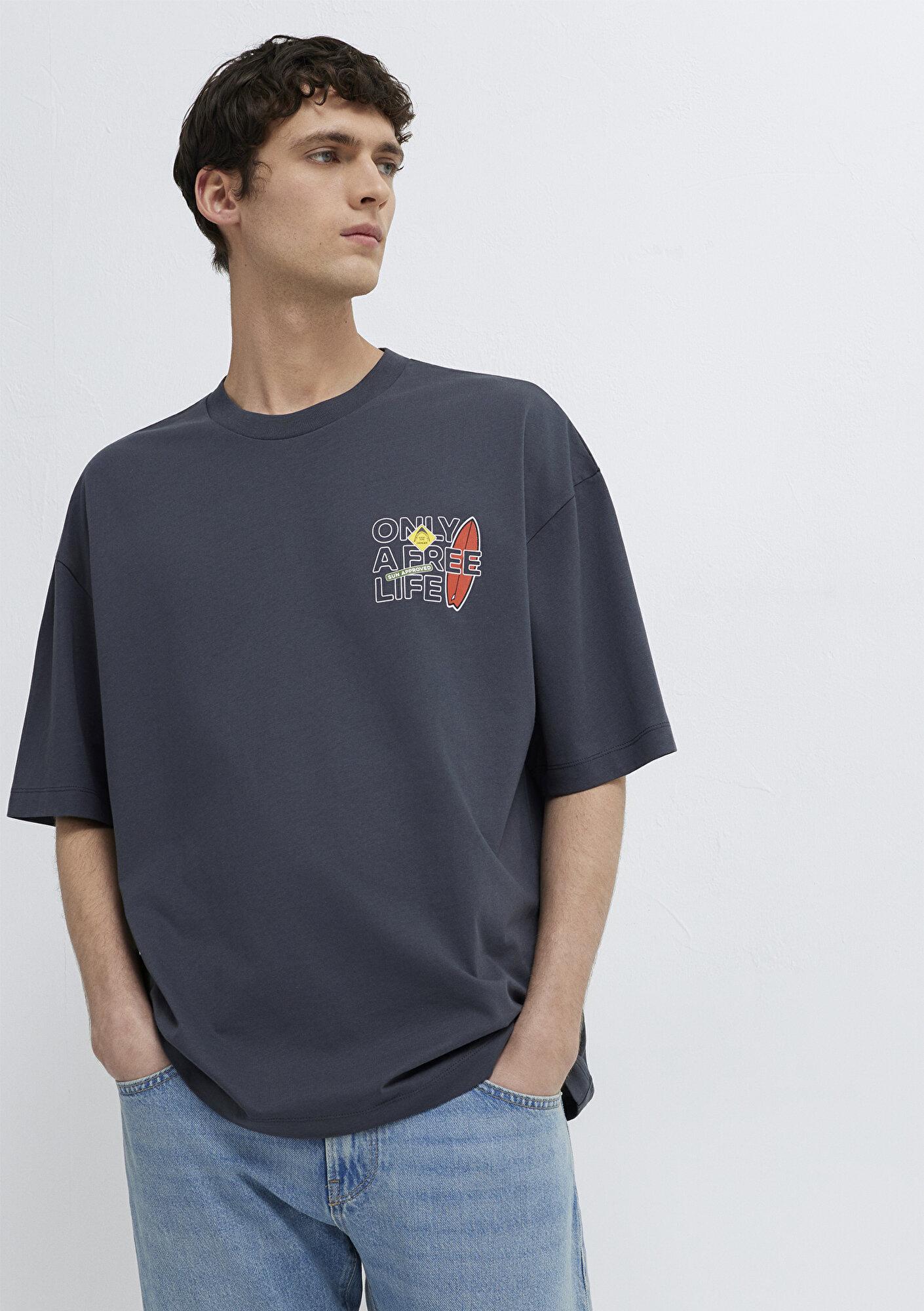 Mavi Baskılı Antrasit Tişört Oversize / Geniş Kesim 0613621-80106