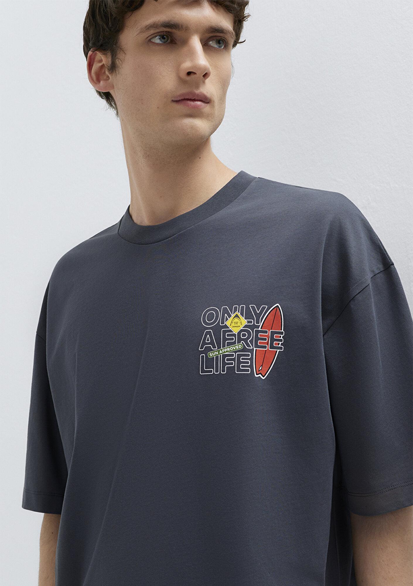 Mavi Baskılı Antrasit Tişört Oversize / Geniş Kesim 0613621-80106