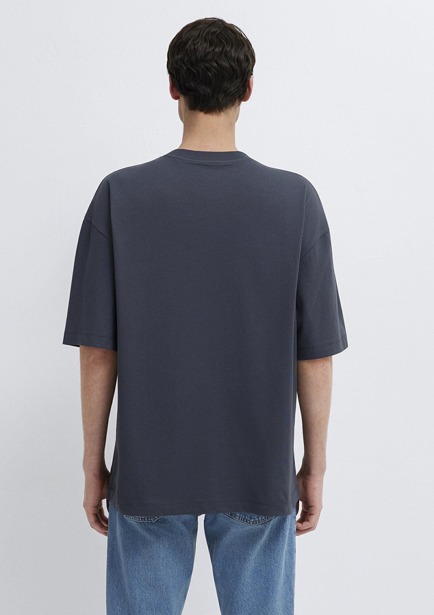 Mavi Baskılı Antrasit Tişört Oversize / Geniş Kesim 0613621-80106