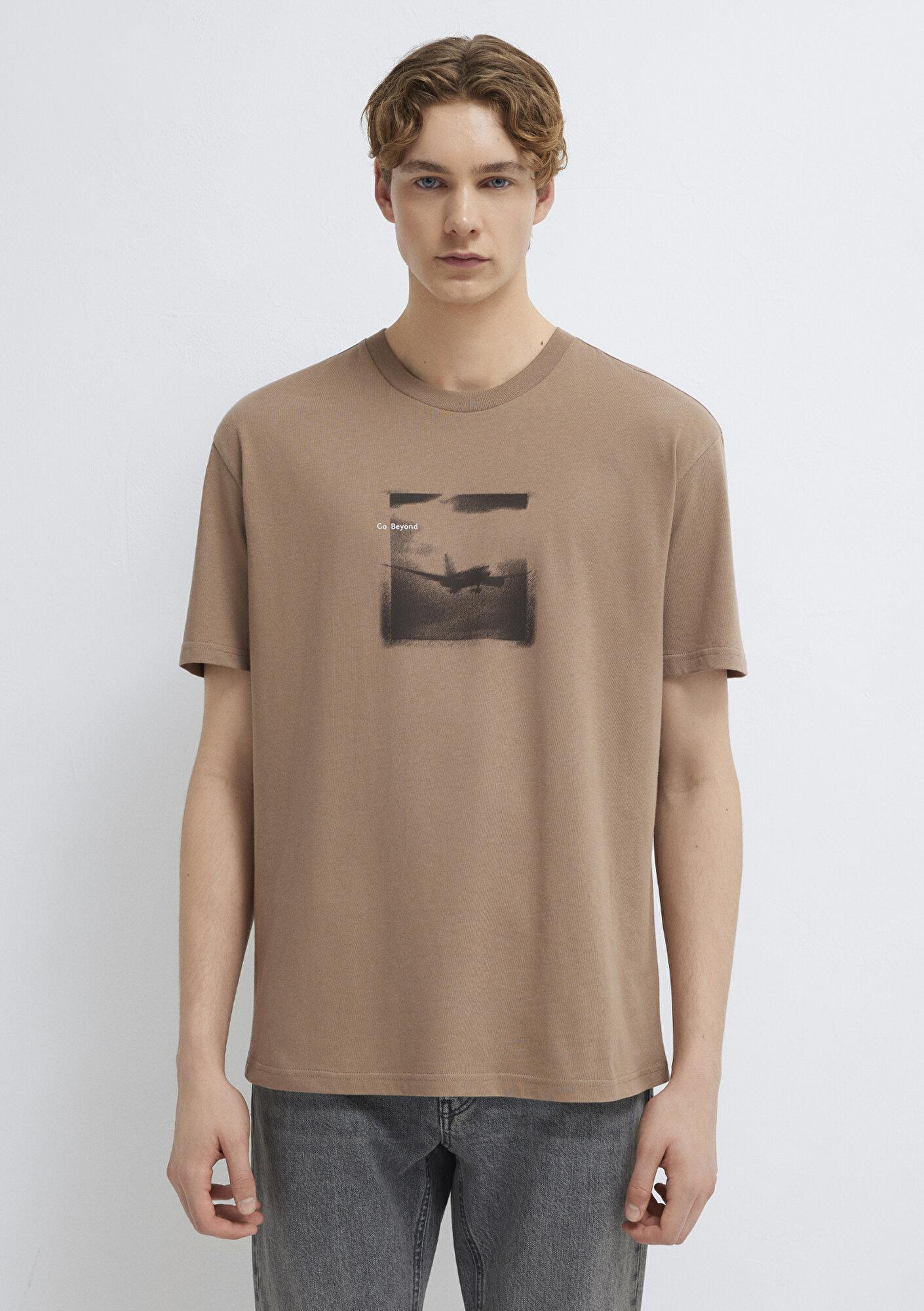 Mavi Baskılı Kahverengi Tişört Loose Fit / Bol Rahat Kesim 0613638-88091