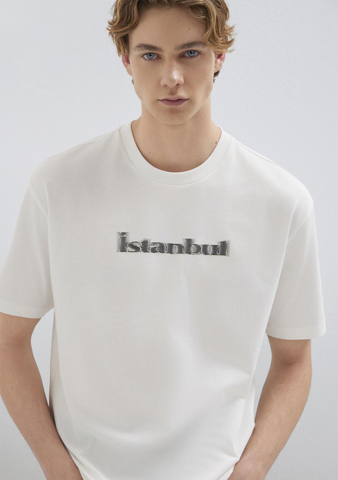 Mavi İstanbul Baskılı Ekru Tişört Loose Fit / Bol Rahat Kesim 0613664-70057