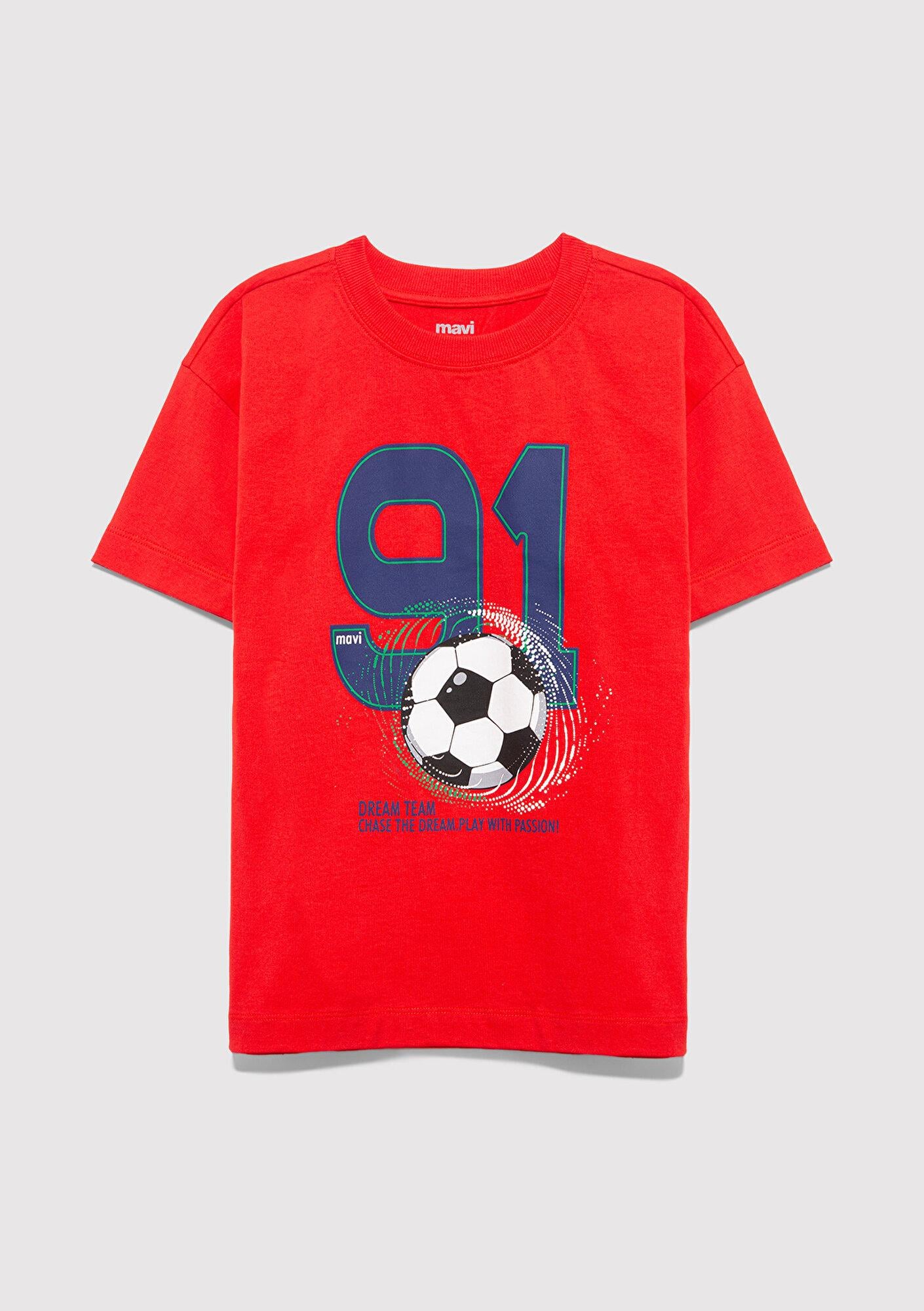 Mavi Futbol Baskılı Kırmızı Tişört Loose Fit / Bol Rahat Kesim 6610481-70465