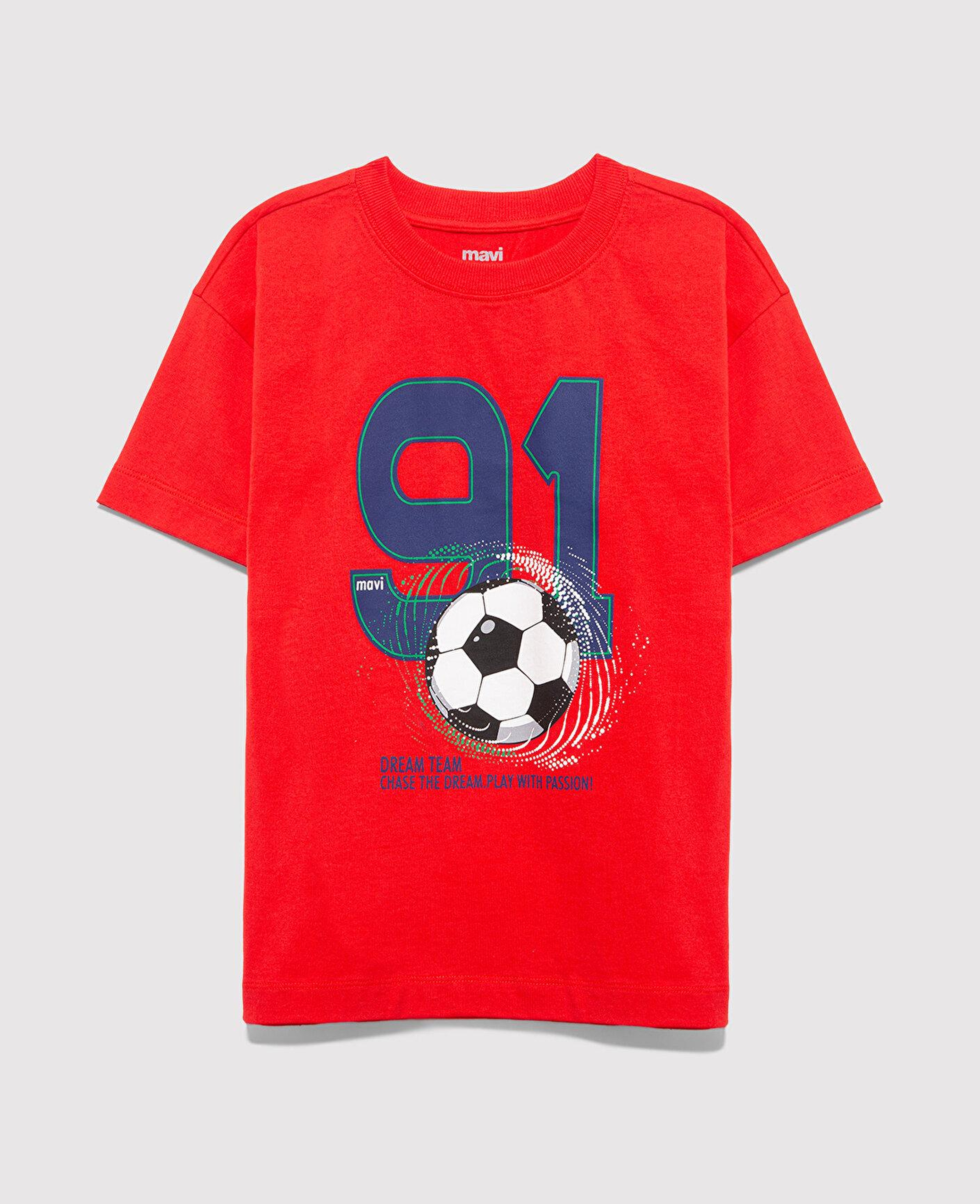 Mavi Futbol Baskılı Kırmızı Tişört Loose Fit / Bol Rahat Kesim 6610481-70465
