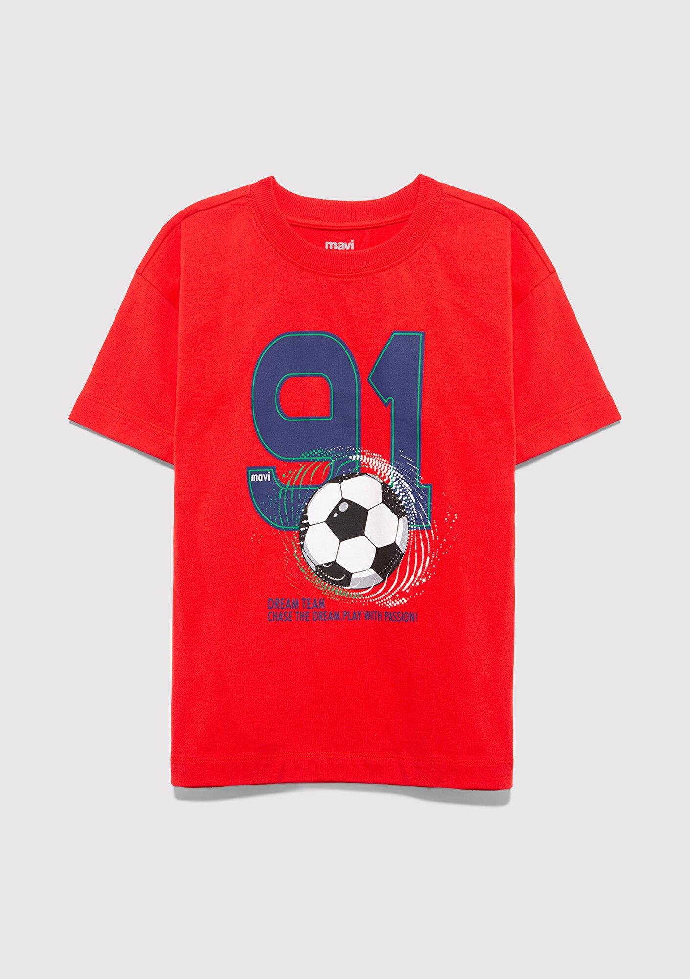 Mavi Futbol Baskılı Kırmızı Tişört Loose Fit / Bol Rahat Kesim 6610481-70465