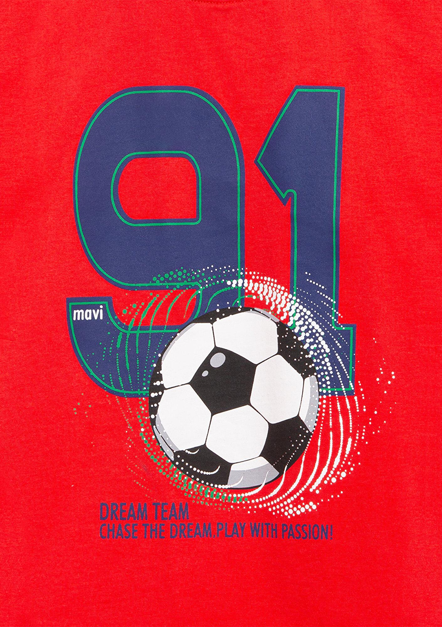 Mavi Futbol Baskılı Kırmızı Tişört Loose Fit / Bol Rahat Kesim 6610481-70465