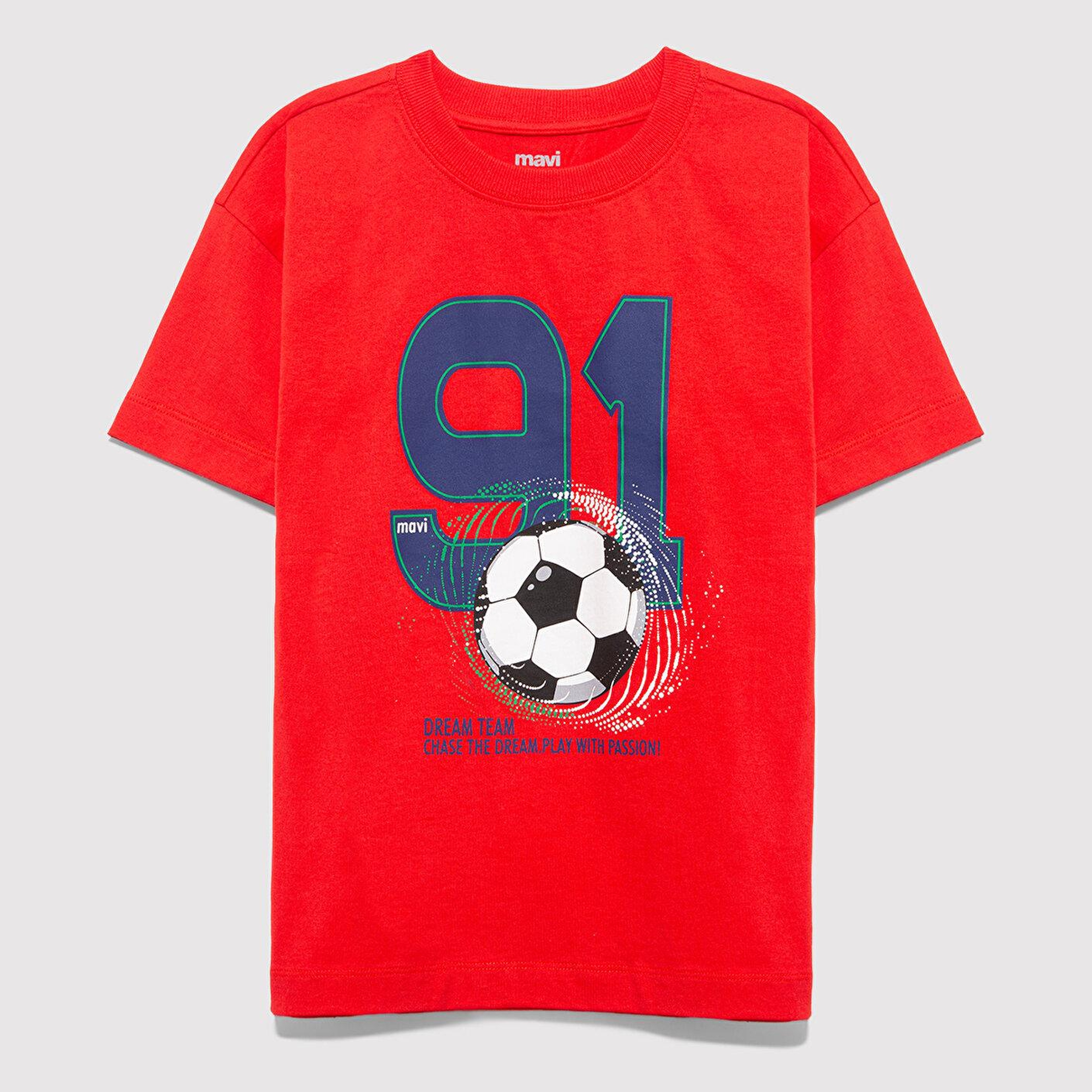Mavi Futbol Baskılı Kırmızı Tişört Loose Fit / Bol Rahat Kesim 6610481-70465