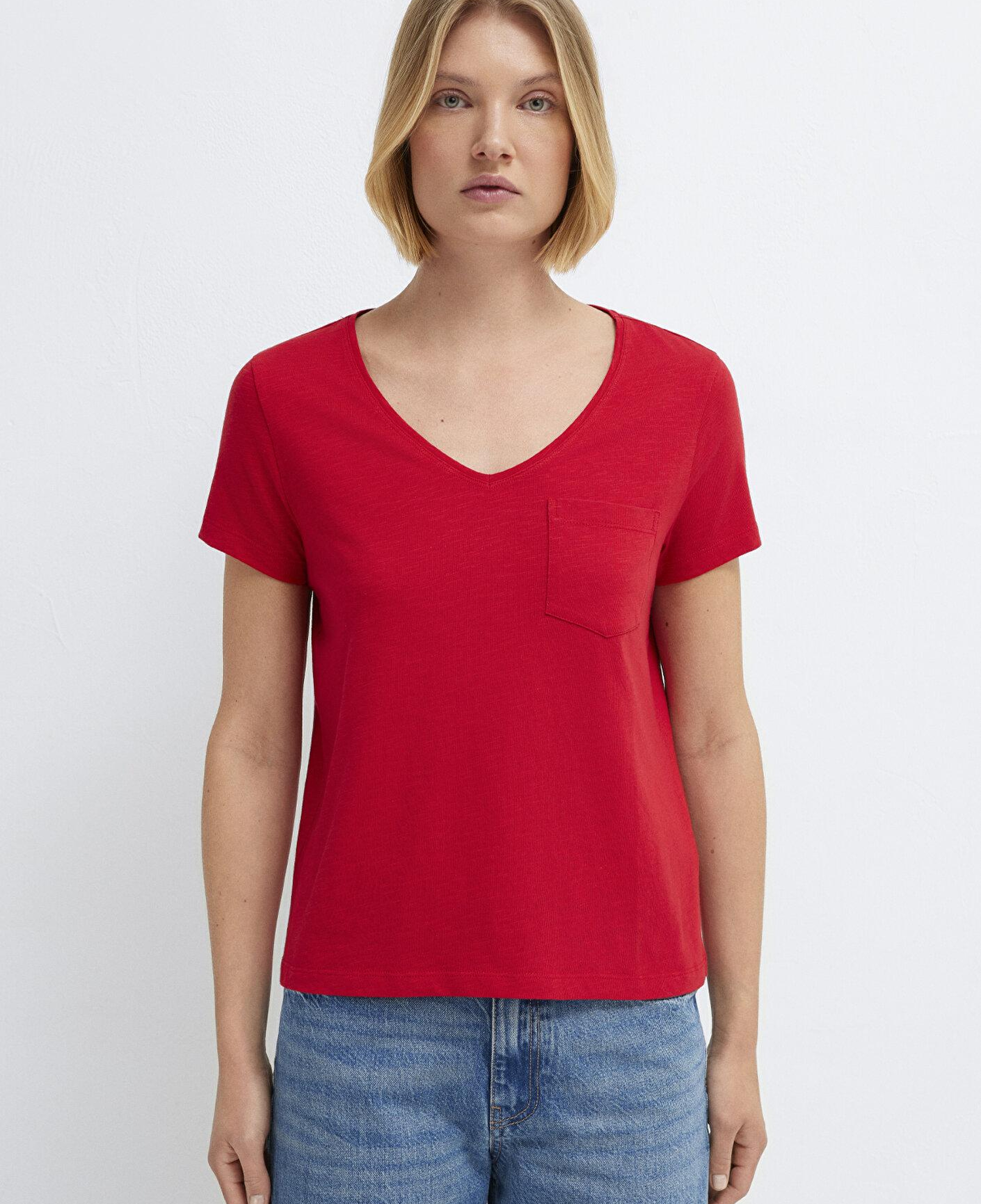 Mavi V Yaka Kırmızı Basic Tişört Slim Fit / Dar Kesim 1614178-86417