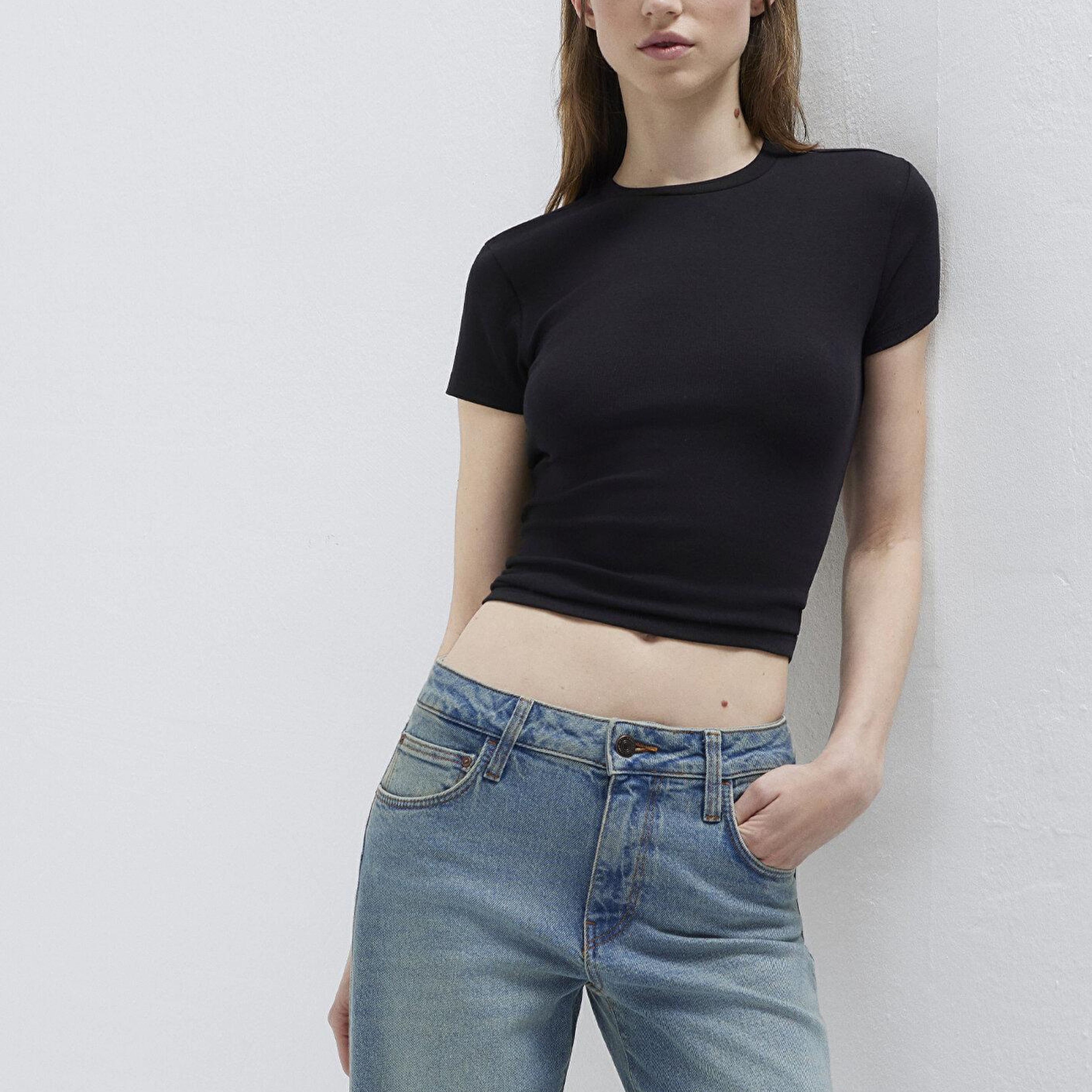 Mavi Siyah Basic Crop Tişört Fitted / Vücuda Oturan Kesim 1614180-900