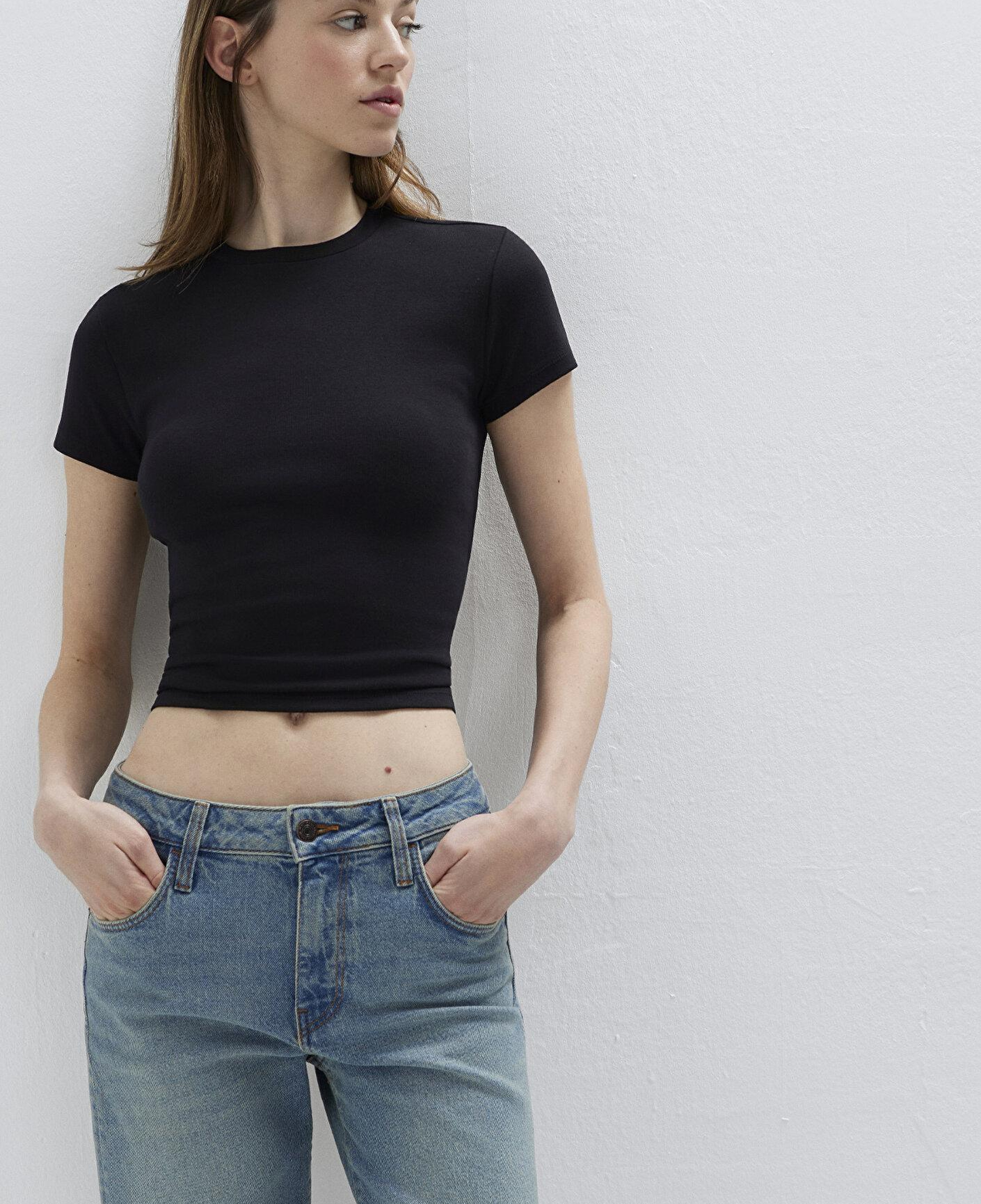 Mavi Siyah Basic Crop Tişört Fitted / Vücuda Oturan Kesim 1614180-900