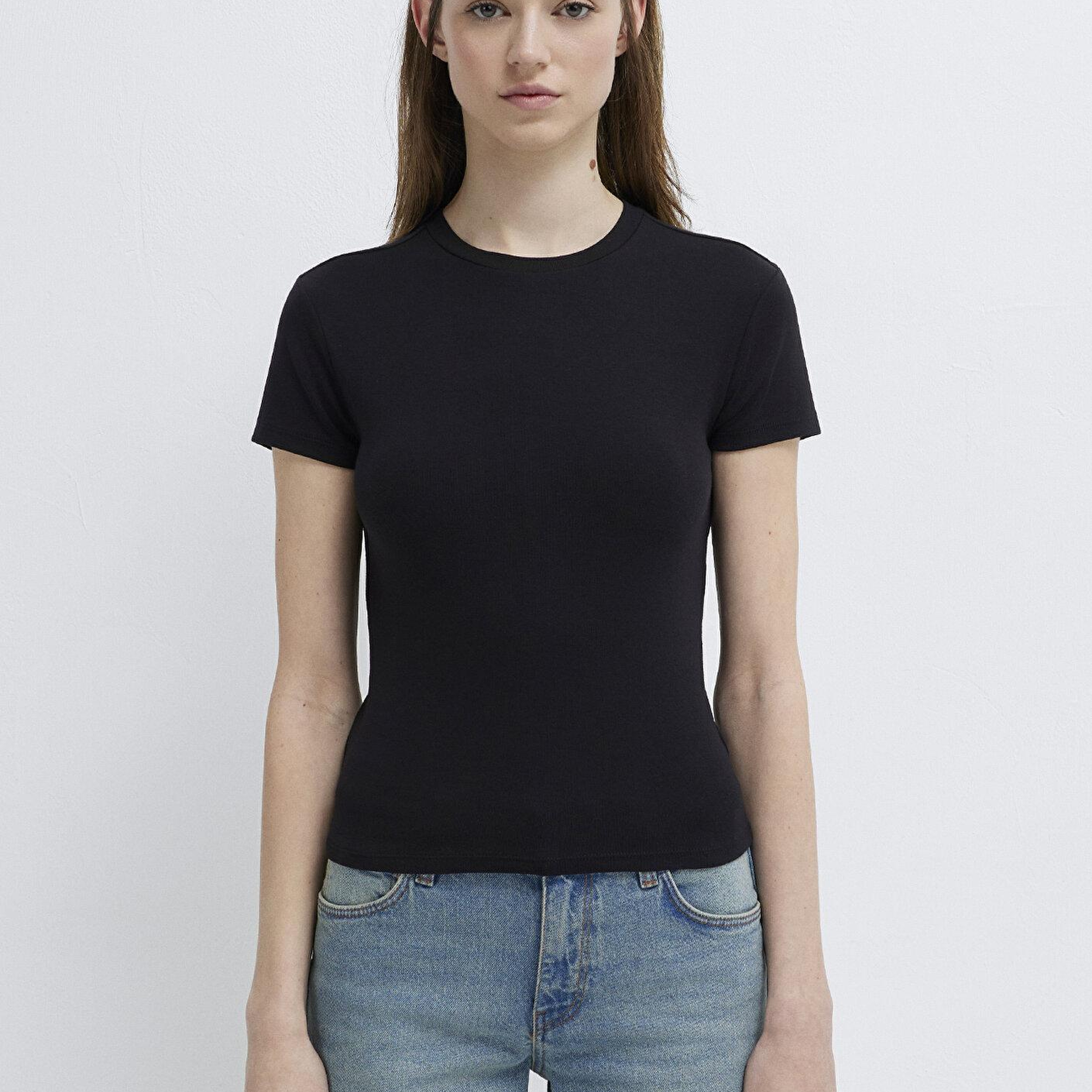 Mavi Siyah Basic Crop Tişört Fitted / Vücuda Oturan Kesim 1614180-900