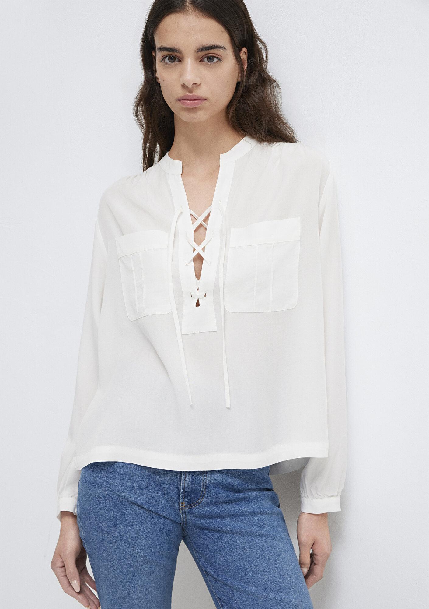 Mavi Bağcık Detaylı Beyaz Bluz 1211513-80194