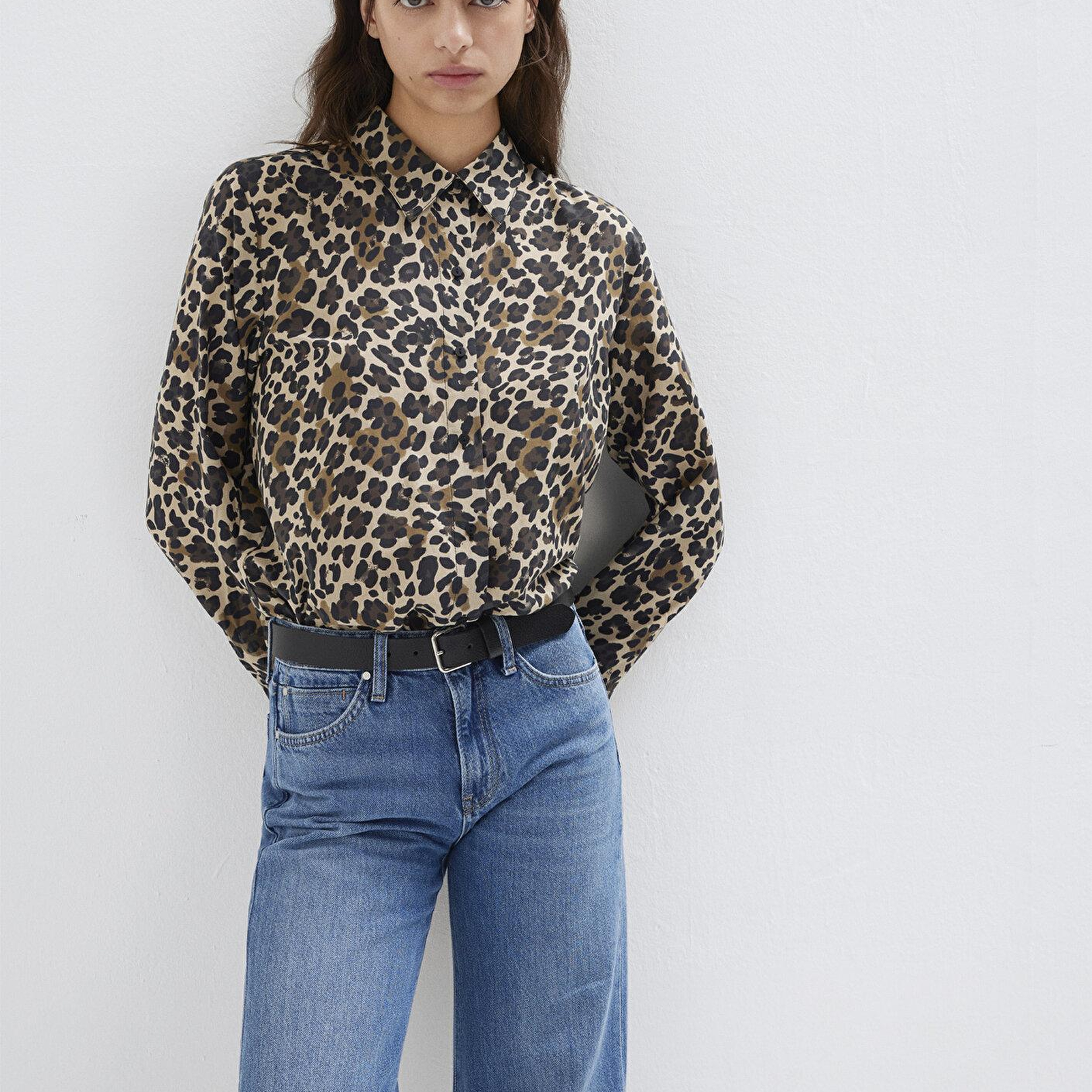 Mavi Leopar Baskılı Gömlek Loose Fit / Bol Rahat Kesim 1211512-91572