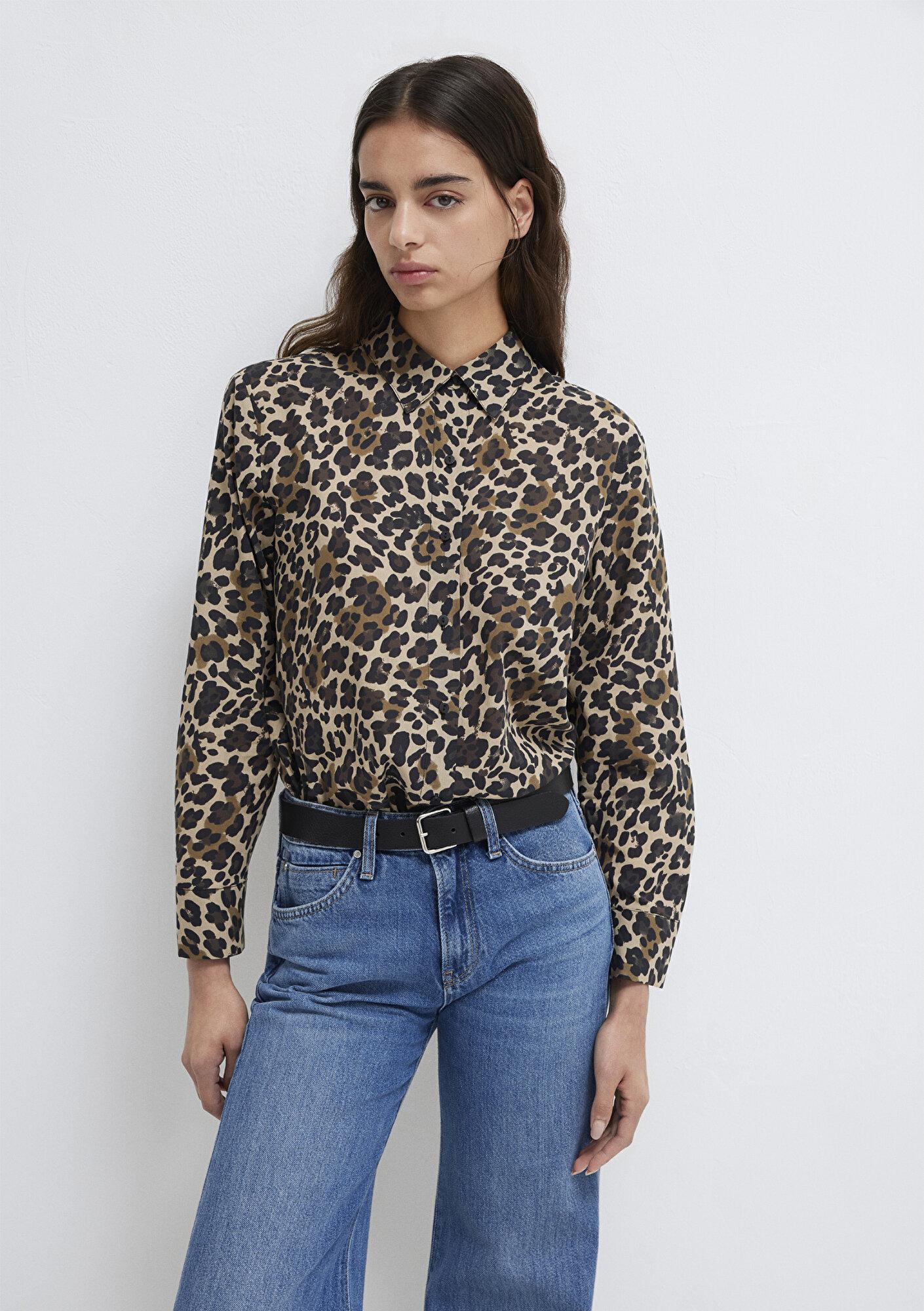 Mavi Leopar Baskılı Gömlek Loose Fit / Bol Rahat Kesim 1211512-91572