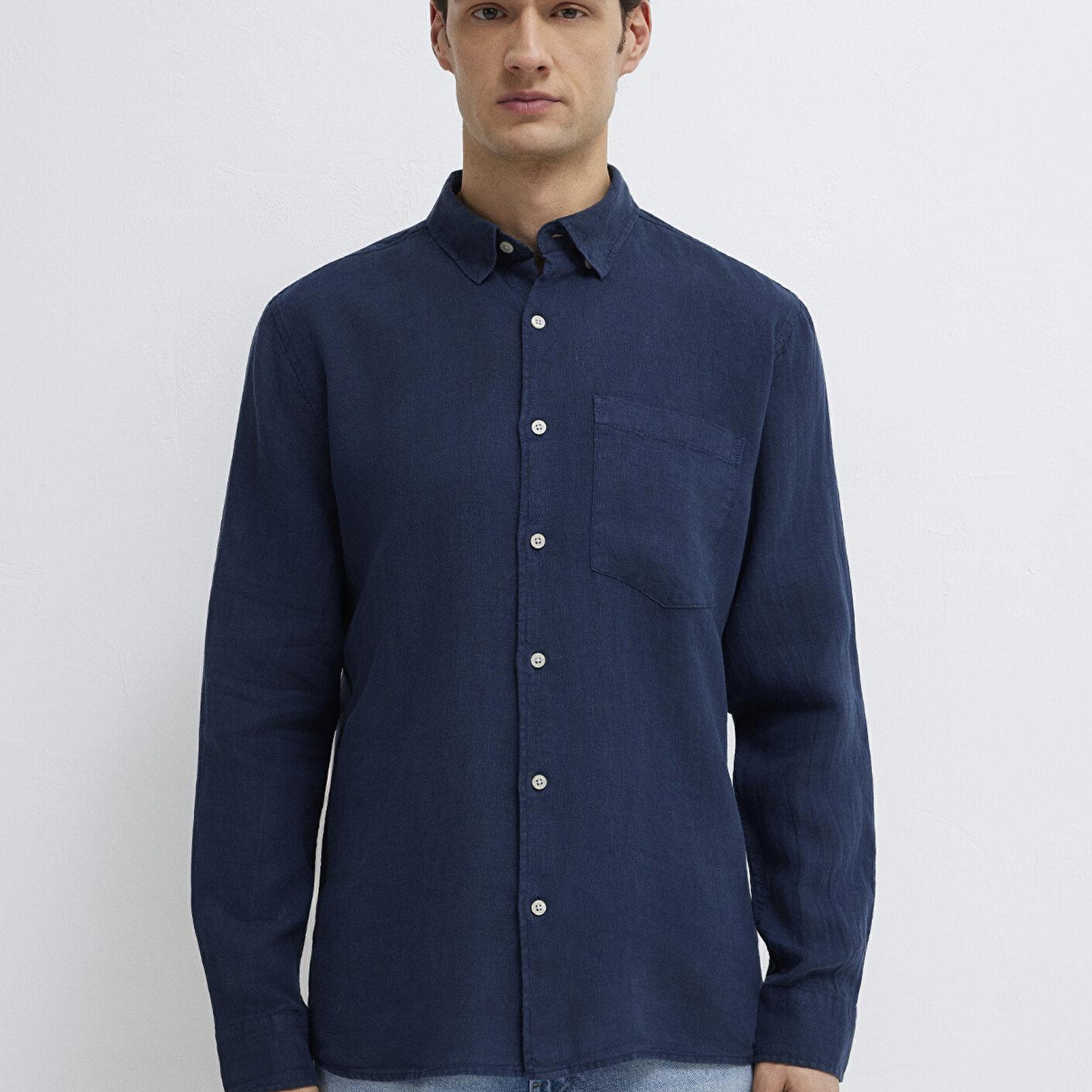 Mavi Lacivert Keten Gömlek Regular Fit / Normal Kesim 0211472-82318