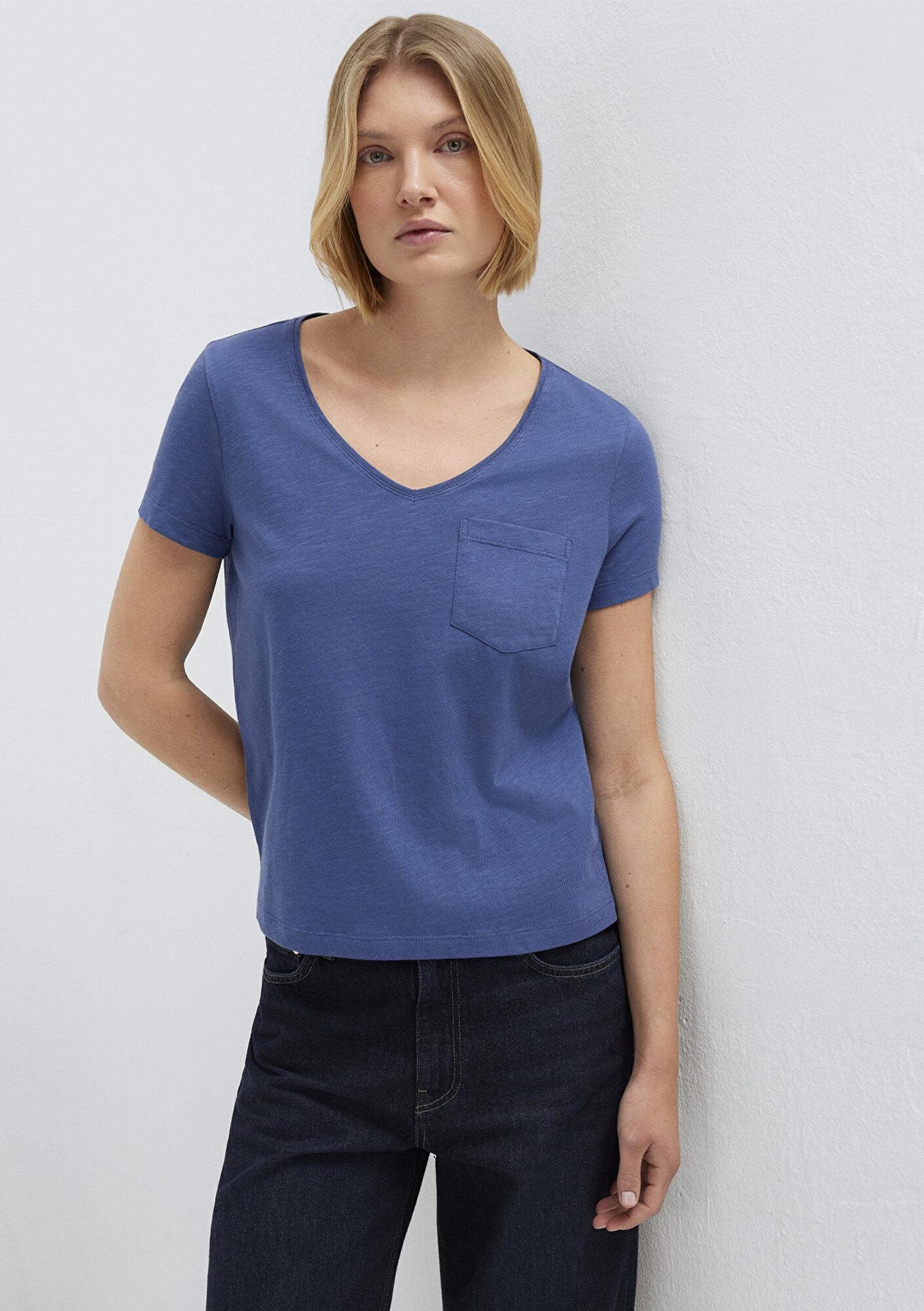 Mavi V Yaka Mavi Basic Tişört Slim Fit / Dar Kesim 1614178-70757