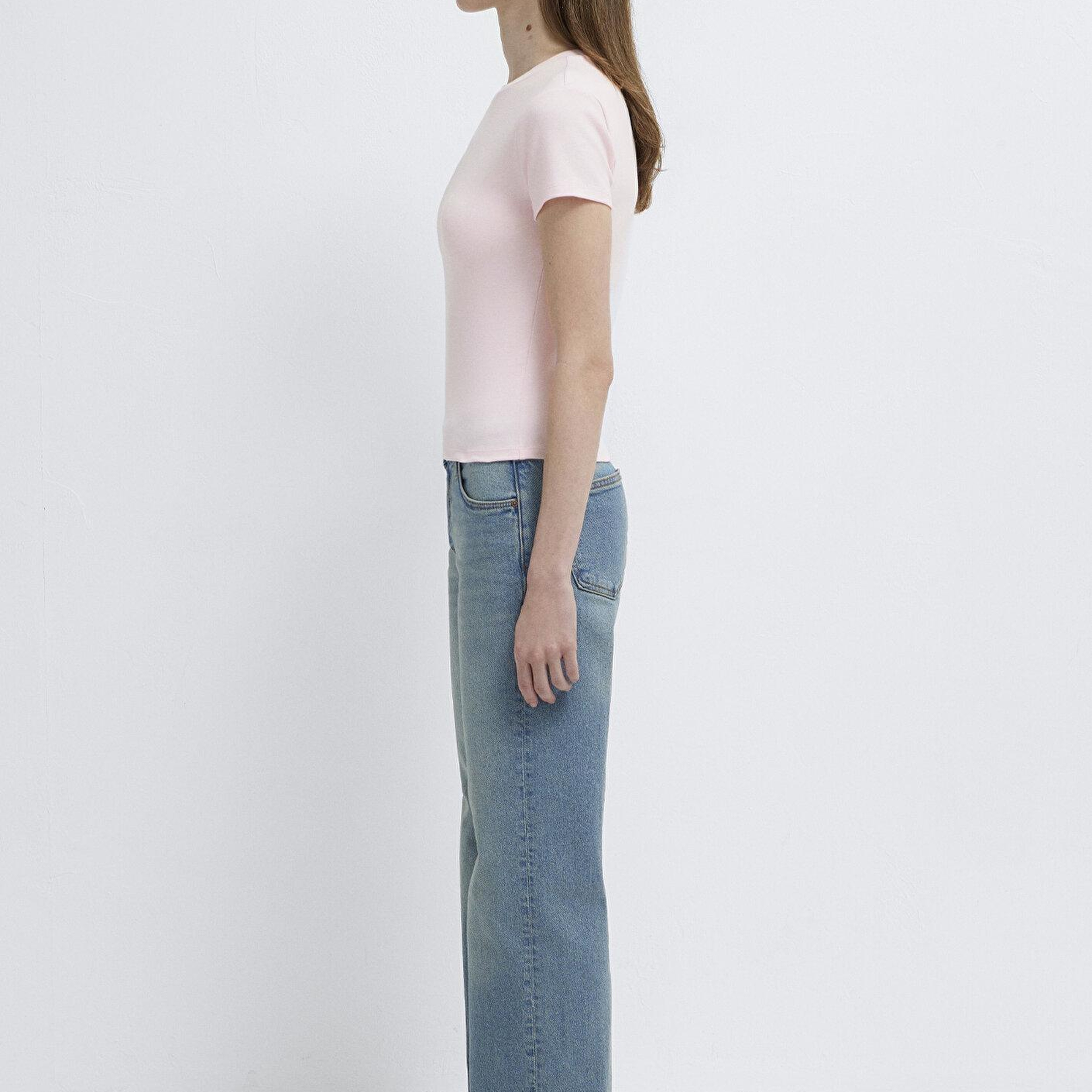 Mavi Pembe Basic Crop Tişört Fitted / Vücuda Oturan Kesim 1614180-89200