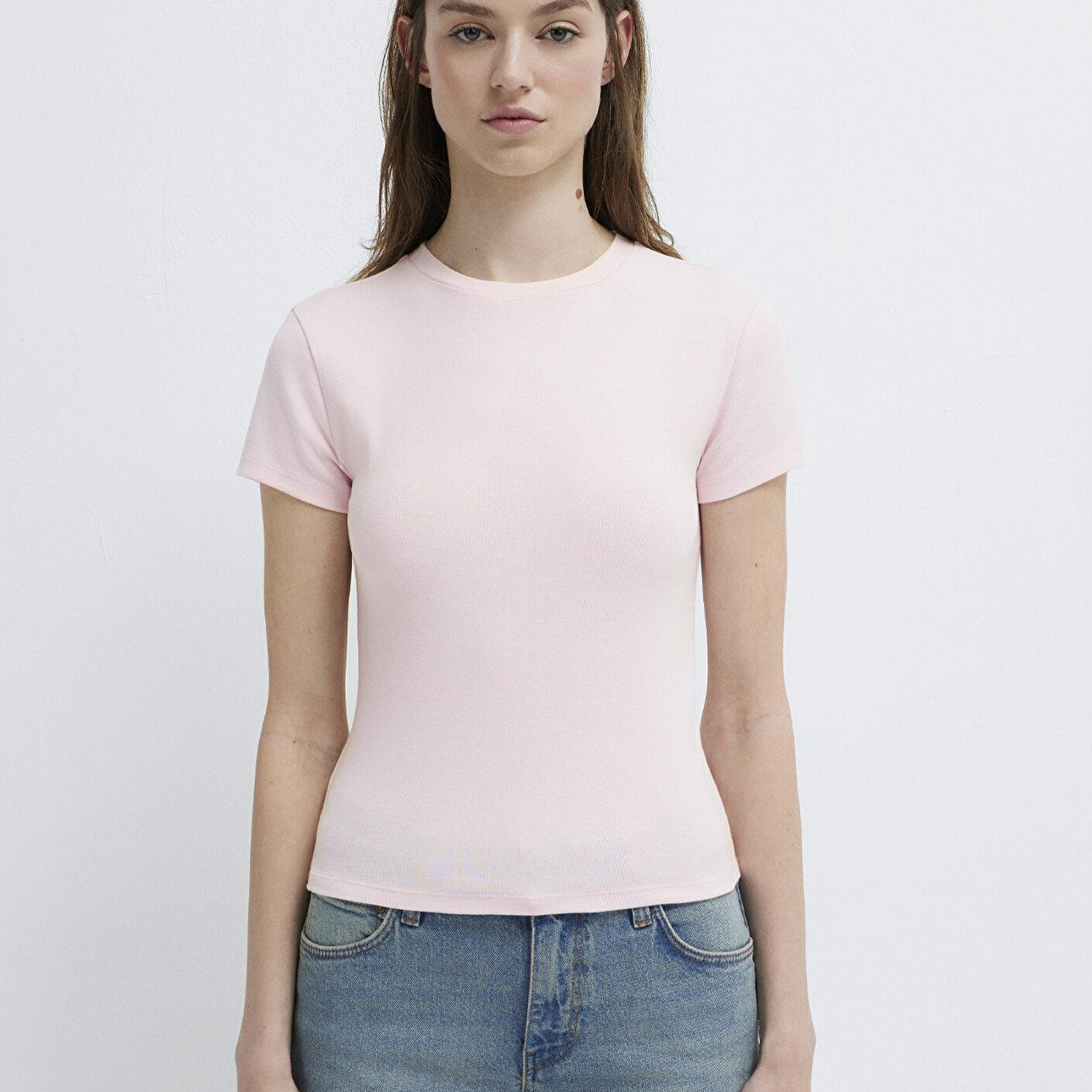 Mavi Pembe Basic Crop Tişört Fitted / Vücuda Oturan Kesim 1614180-89200