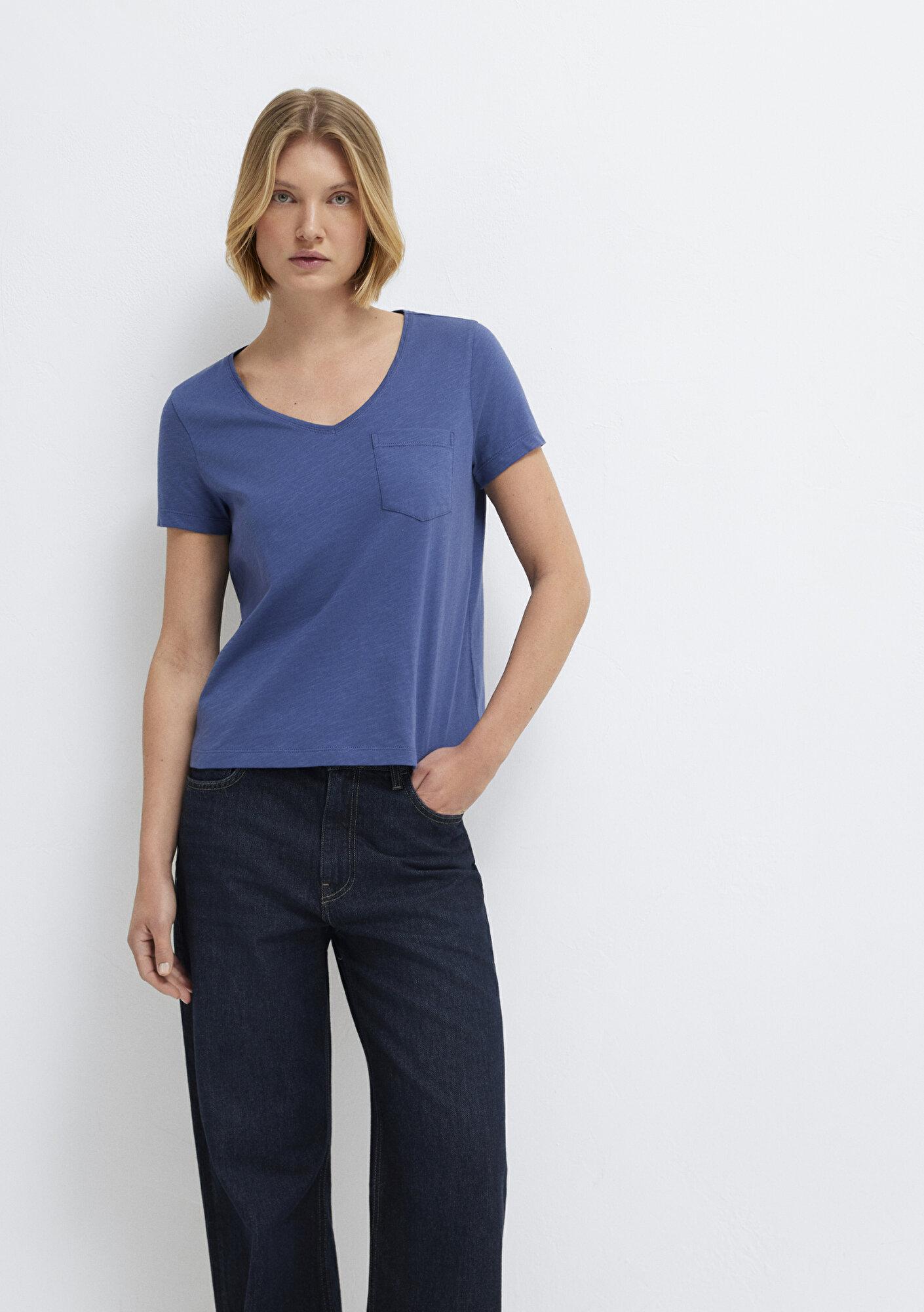 Mavi V Yaka Mavi Basic Tişört Slim Fit / Dar Kesim 1614178-70757